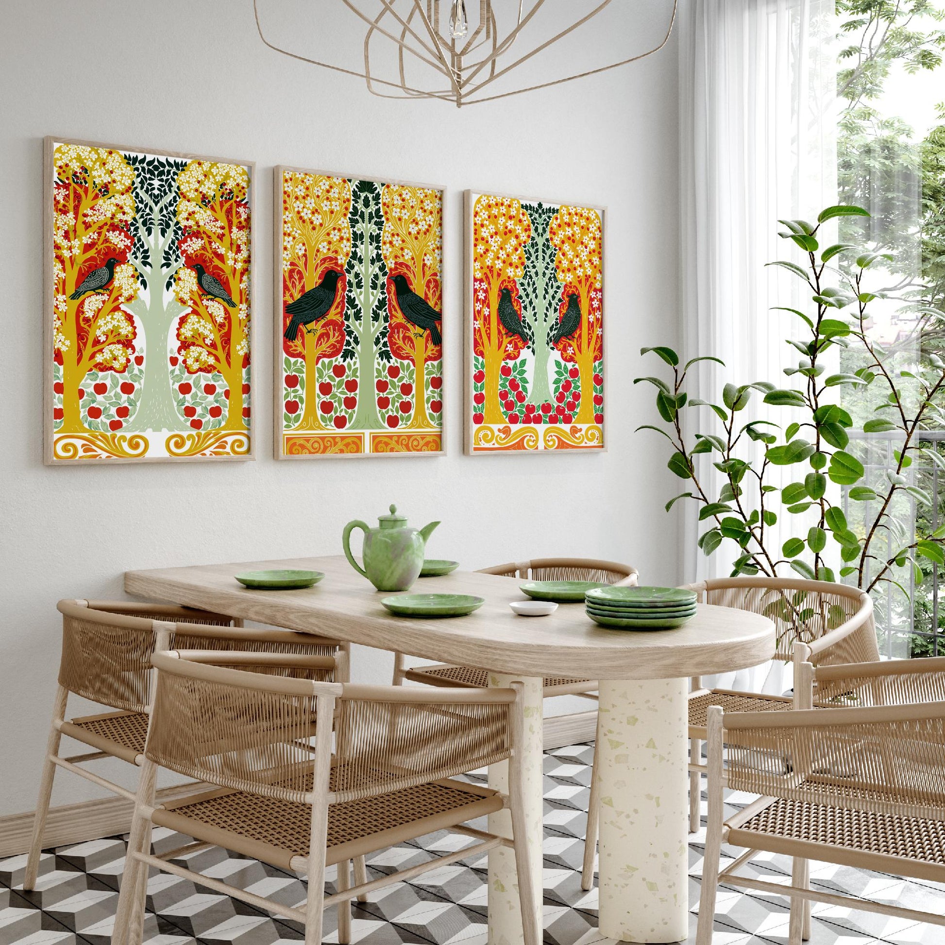 Scottish Book of the Woodlands Art Prints - Set of Three Red & Gold Forest Posters - Blackbird and Apple Tree Paintings V6