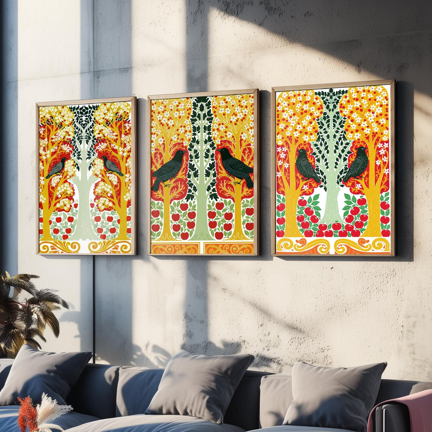 Scottish Book of the Woodlands Art Prints - Set of Three Red & Gold Forest Posters - Blackbird and Apple Tree Paintings V6