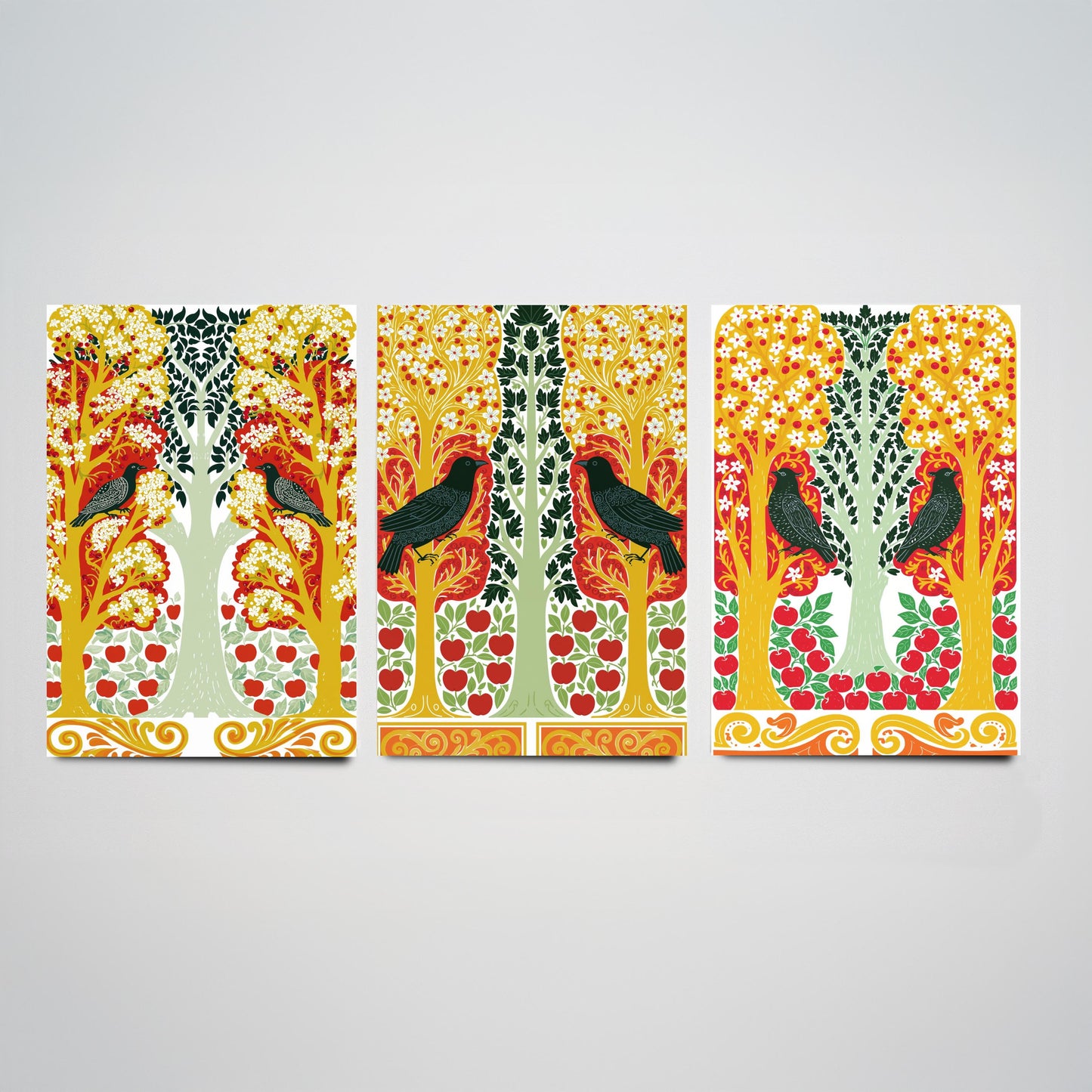 Scottish Book of the Woodlands Art Prints - Set of Three Red & Gold Forest Posters - Blackbird and Apple Tree Paintings V6