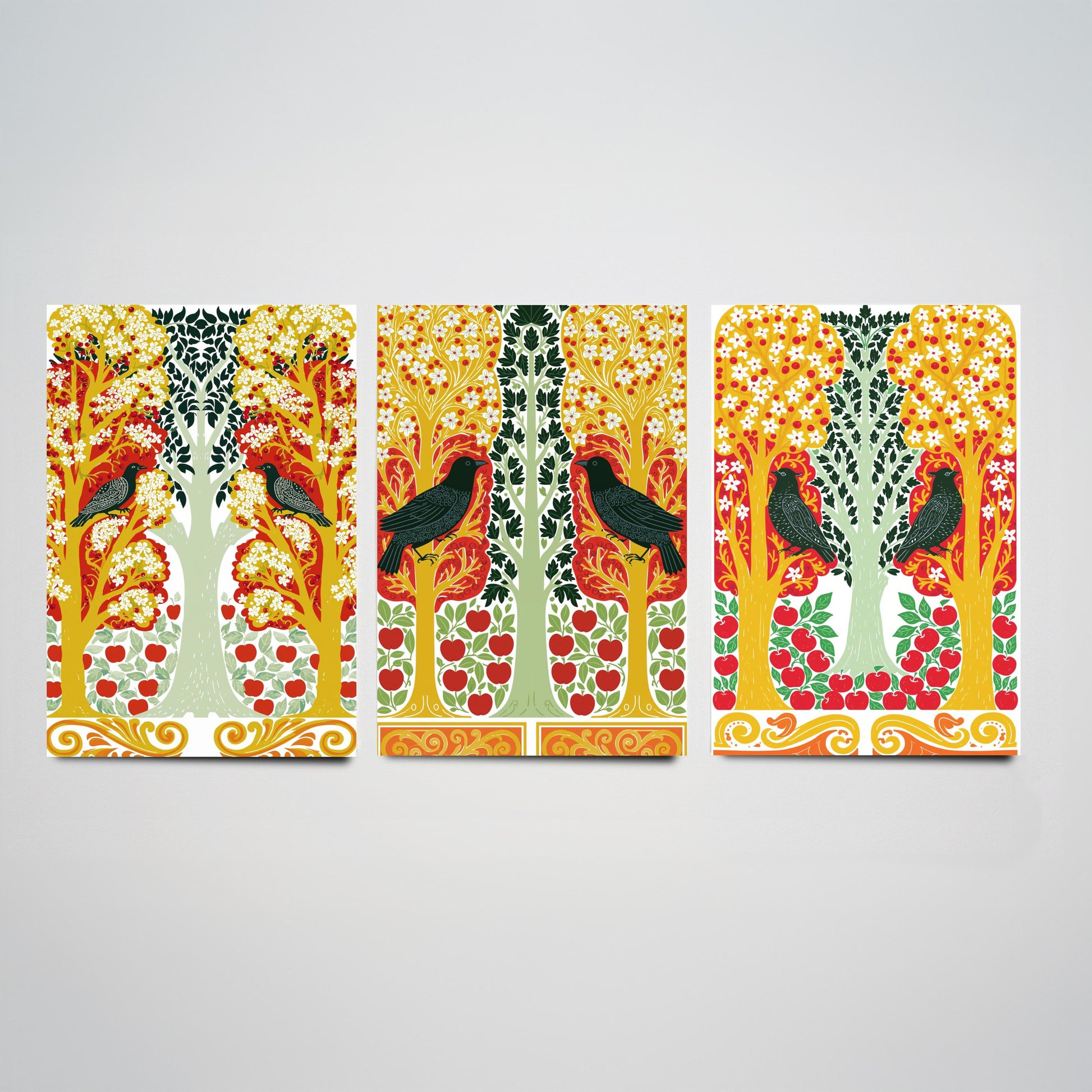 Scottish Book of the Woodlands Art Prints - Set of Three Red & Gold Forest Posters - Blackbird and Apple Tree Paintings V6