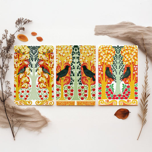 Scottish Book of the Woodlands Art Prints - Set of Three Red & Gold Forest Posters - Blackbird and Apple Tree Paintings V6