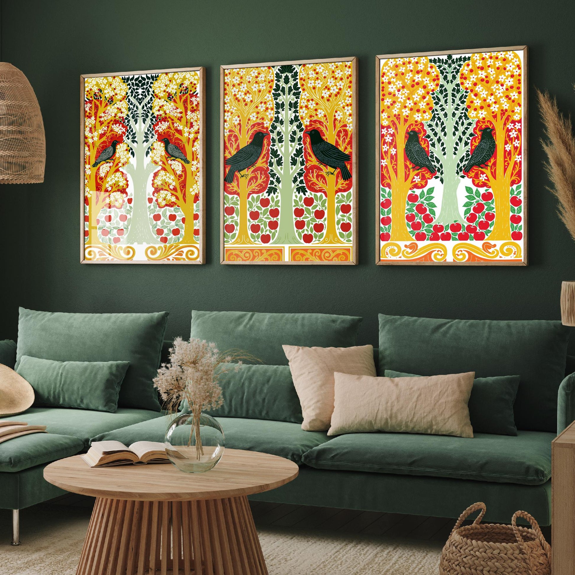 Scottish Book of the Woodlands Art Prints - Set of Three Red & Gold Forest Posters - Blackbird and Apple Tree Paintings V6
