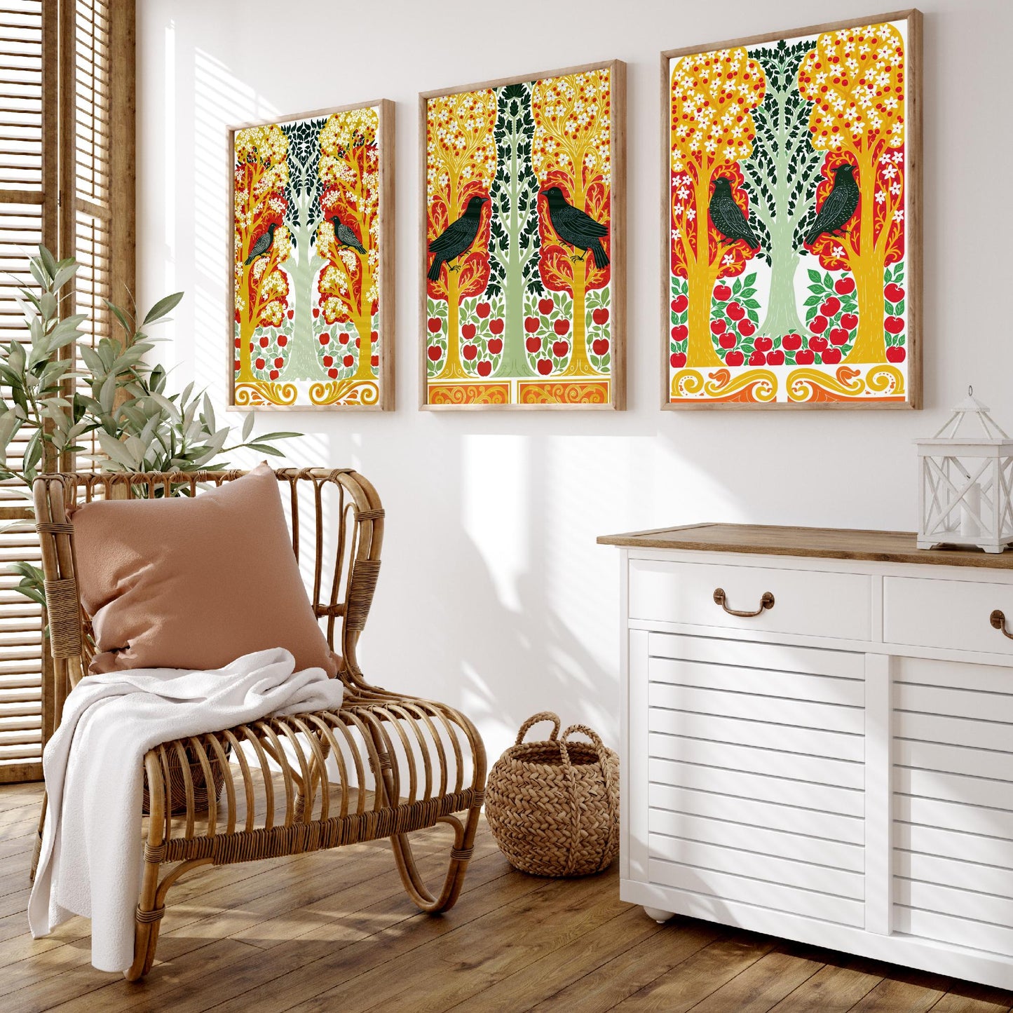 Scottish Book of the Woodlands Art Prints - Set of Three Red & Gold Forest Posters - Blackbird and Apple Tree Paintings V6