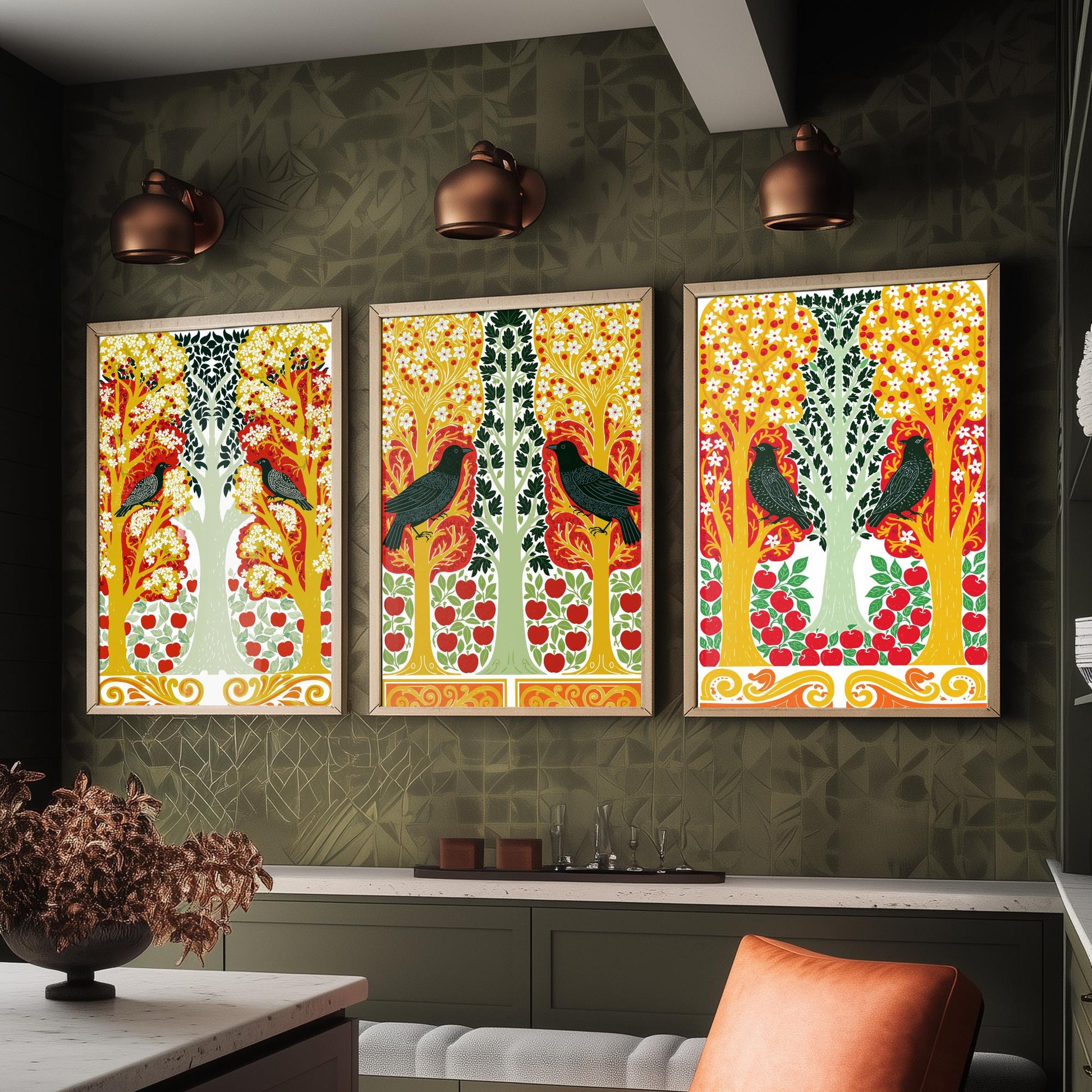 Scottish Book of the Woodlands Art Prints - Set of Three Red & Gold Forest Posters - Blackbird and Apple Tree Paintings V6