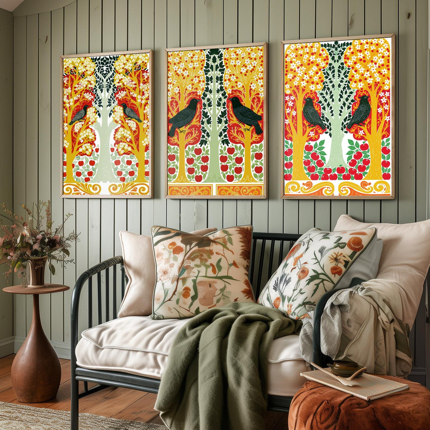 Scottish Book of the Woodlands Art Prints - Set of Three Red & Gold Forest Posters - Blackbird and Apple Tree Paintings V6