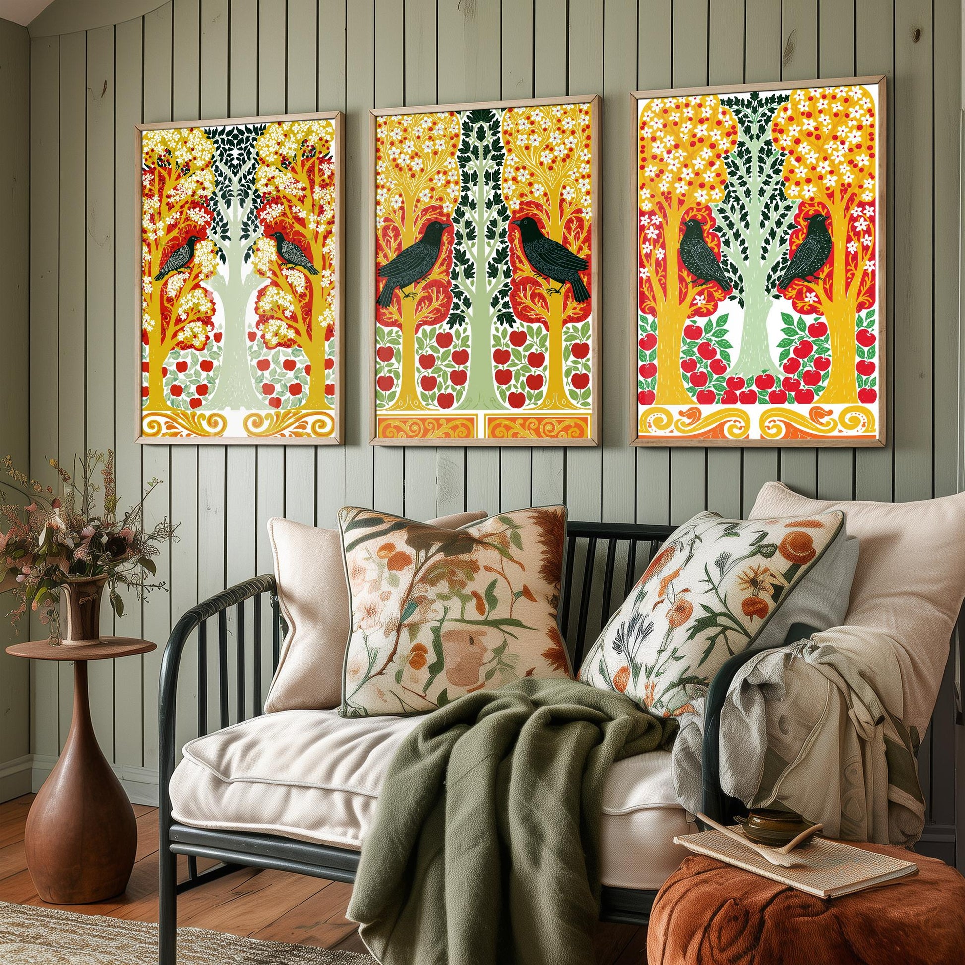 Scottish Book of the Woodlands Art Prints - Set of Three Red & Gold Forest Posters - Blackbird and Apple Tree Paintings V6