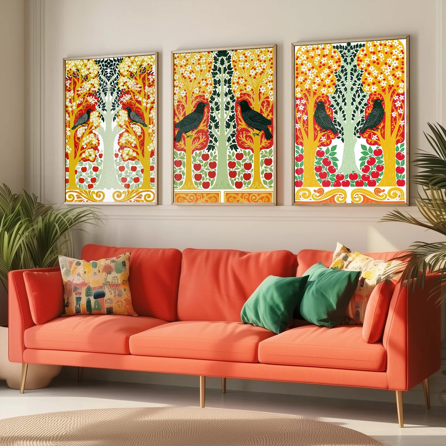 Scottish Book of the Woodlands Art Prints - Set of Three Red & Gold Forest Posters - Blackbird and Apple Tree Paintings V6