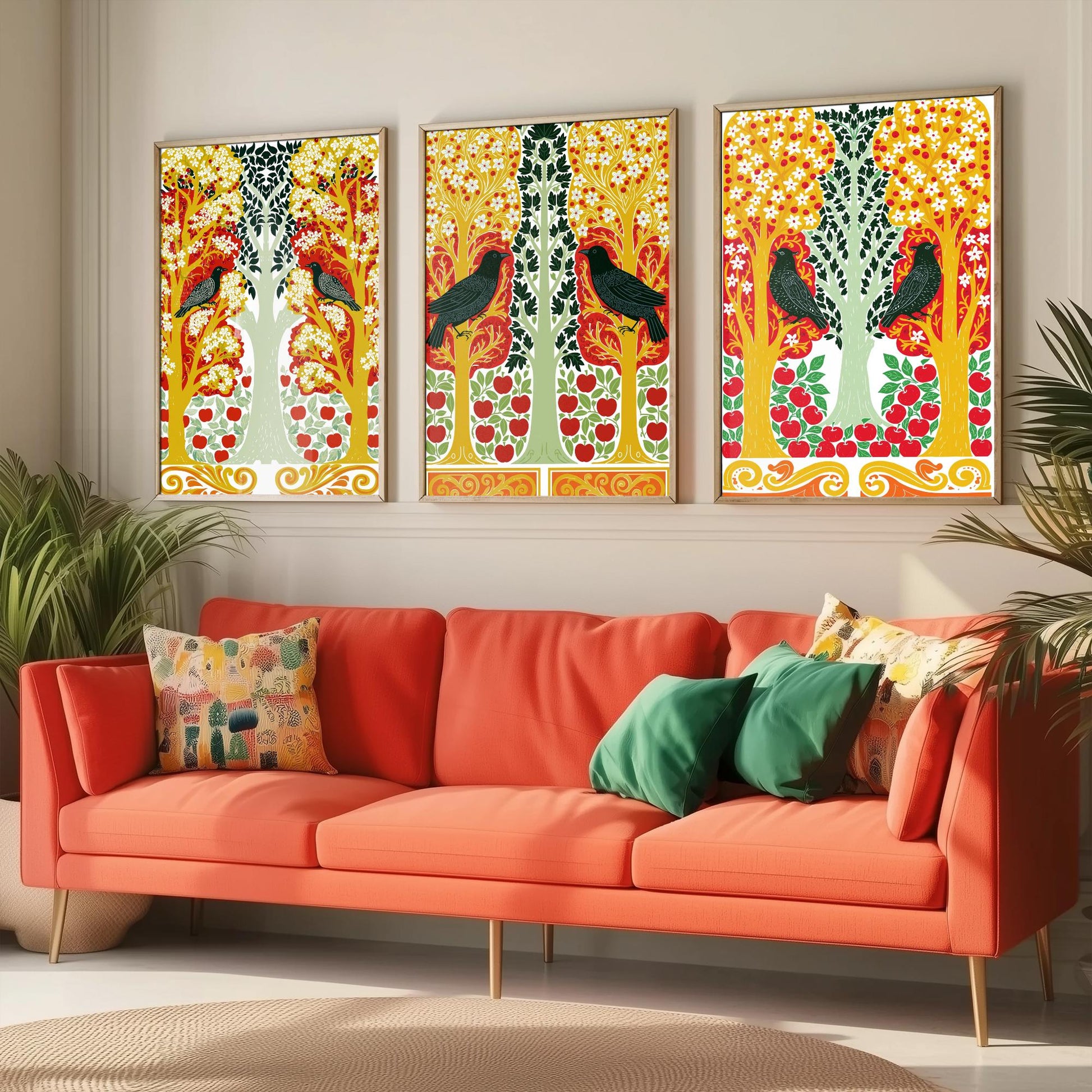 Scottish Book of the Woodlands Art Prints - Set of Three Red & Gold Forest Posters - Blackbird and Apple Tree Paintings V6