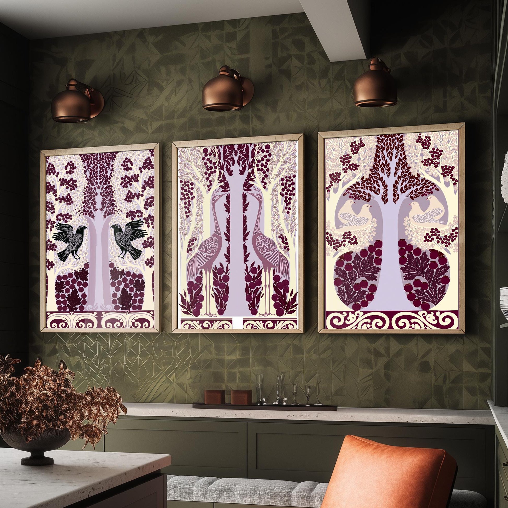 Scottish Book of the Woodlands Art Prints - Set of Three Plum & Lilac Forest Posters - Raven and Crane Paintings V7