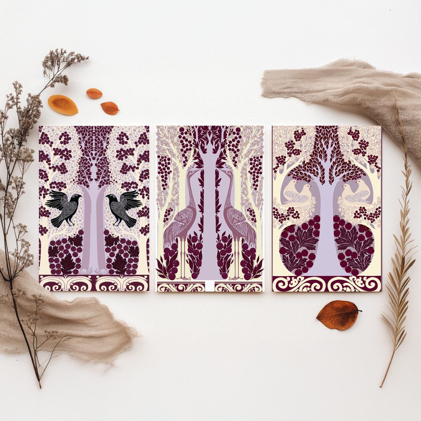 Scottish Book of the Woodlands Art Prints - Set of Three Plum & Lilac Forest Posters - Raven and Crane Paintings V7