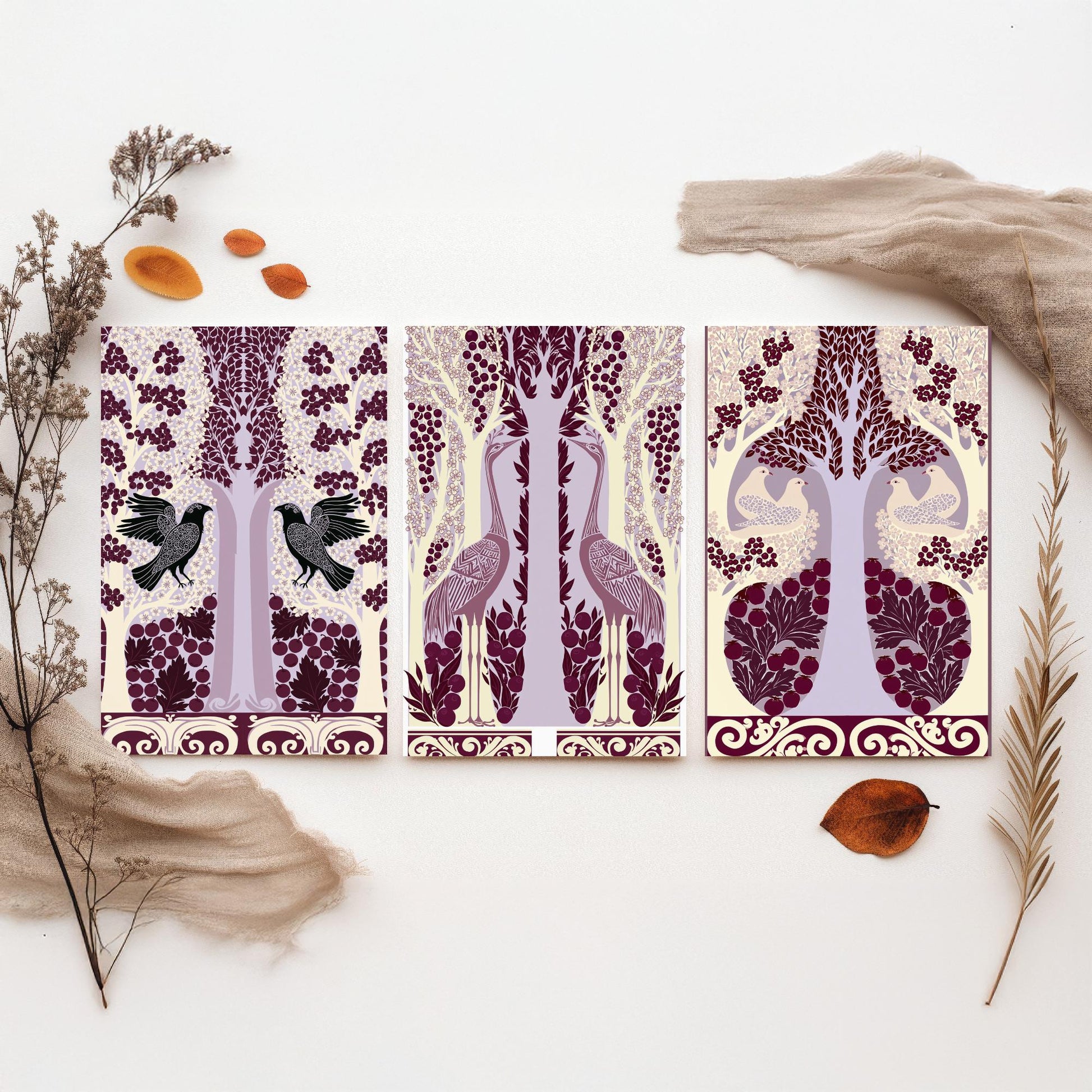 Scottish Book of the Woodlands Art Prints - Set of Three Plum & Lilac Forest Posters - Raven and Crane Paintings V7
