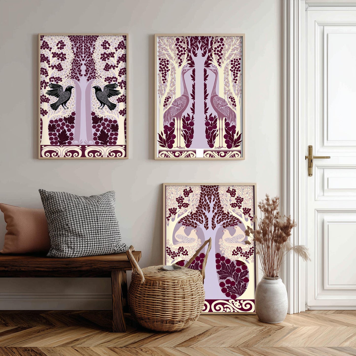 Scottish Book of the Woodlands Art Prints - Set of Three Plum & Lilac Forest Posters - Raven and Crane Paintings V7
