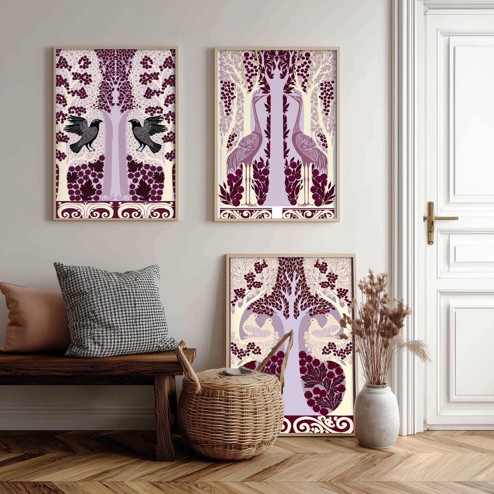 Scottish Book of the Woodlands Art Prints - Set of Three Plum & Lilac Forest Posters - Raven and Crane Paintings V7