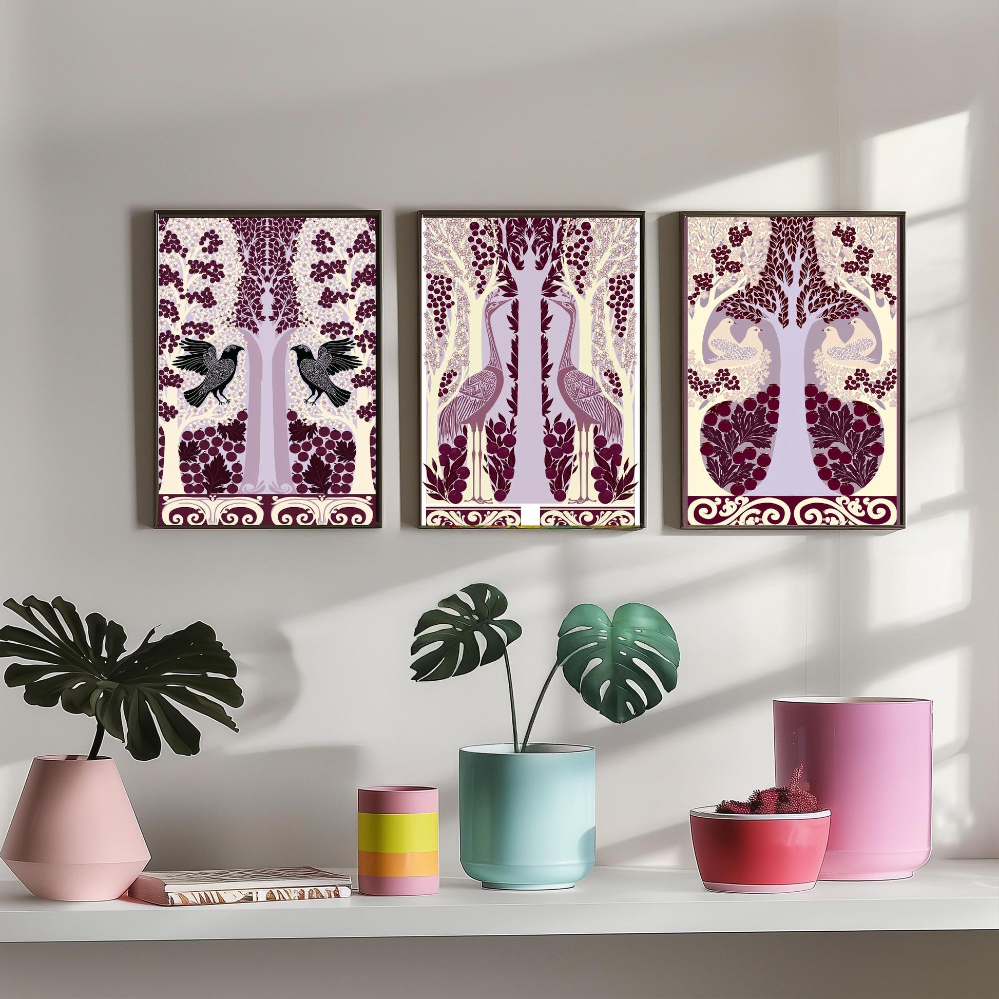 Scottish Book of the Woodlands Art Prints - Set of Three Plum & Lilac Forest Posters - Raven and Crane Paintings V7