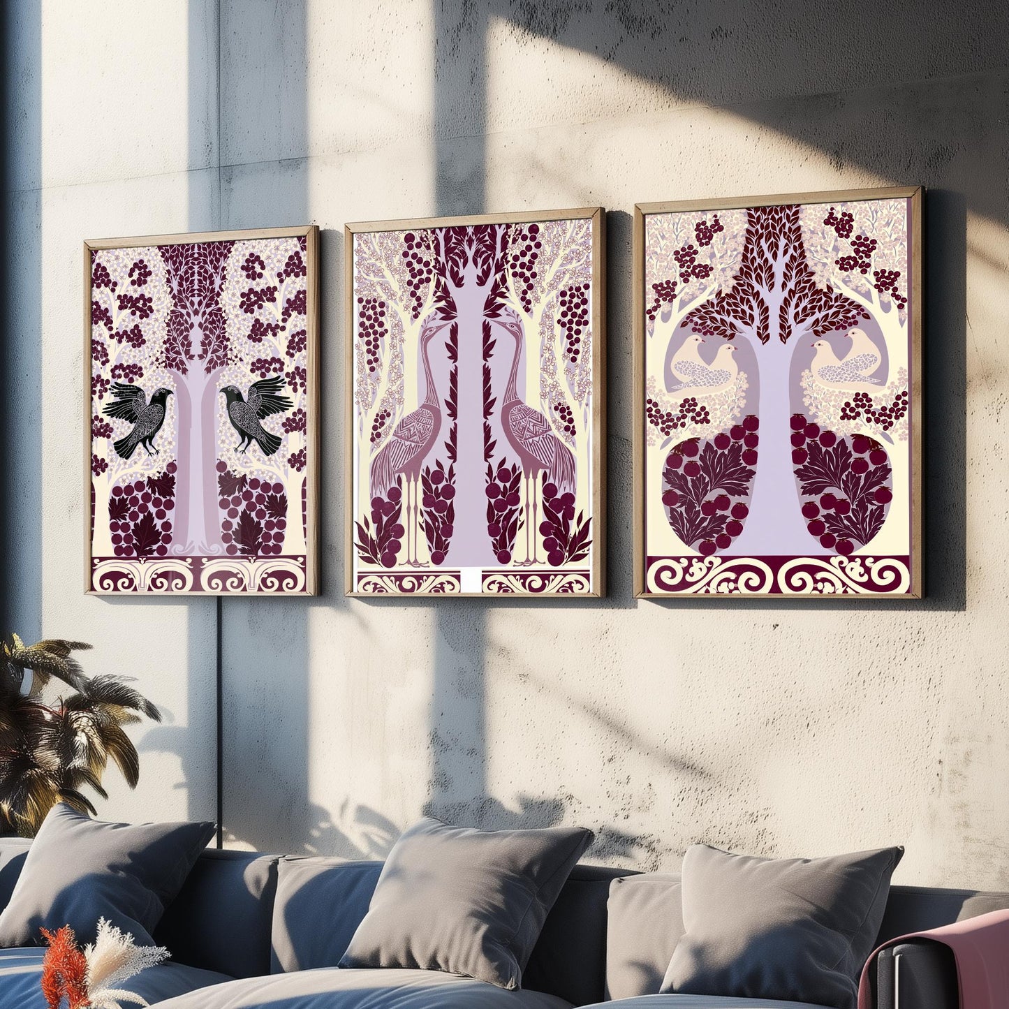 Scottish Book of the Woodlands Art Prints - Set of Three Plum & Lilac Forest Posters - Raven and Crane Paintings V7