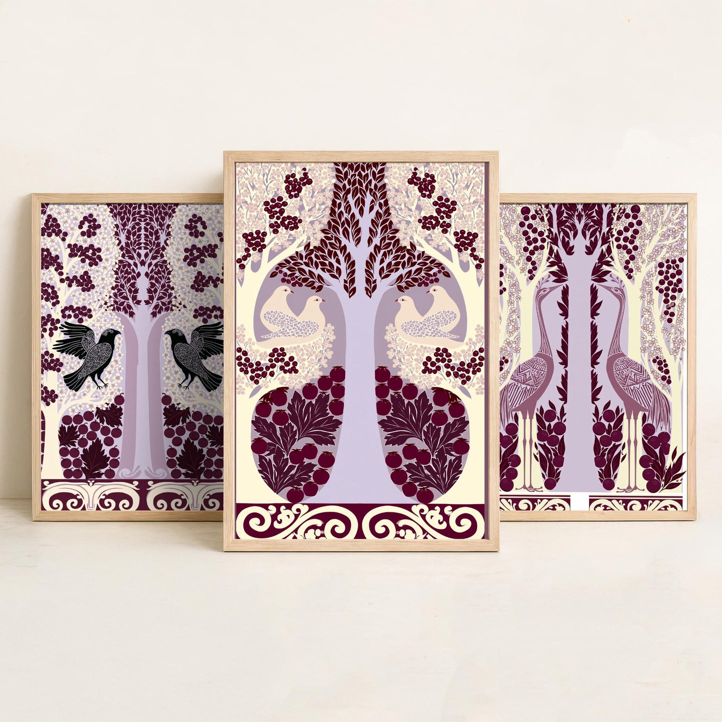 Scottish Book of the Woodlands Art Prints - Set of Three Plum & Lilac Forest Posters - Raven and Crane Paintings V7