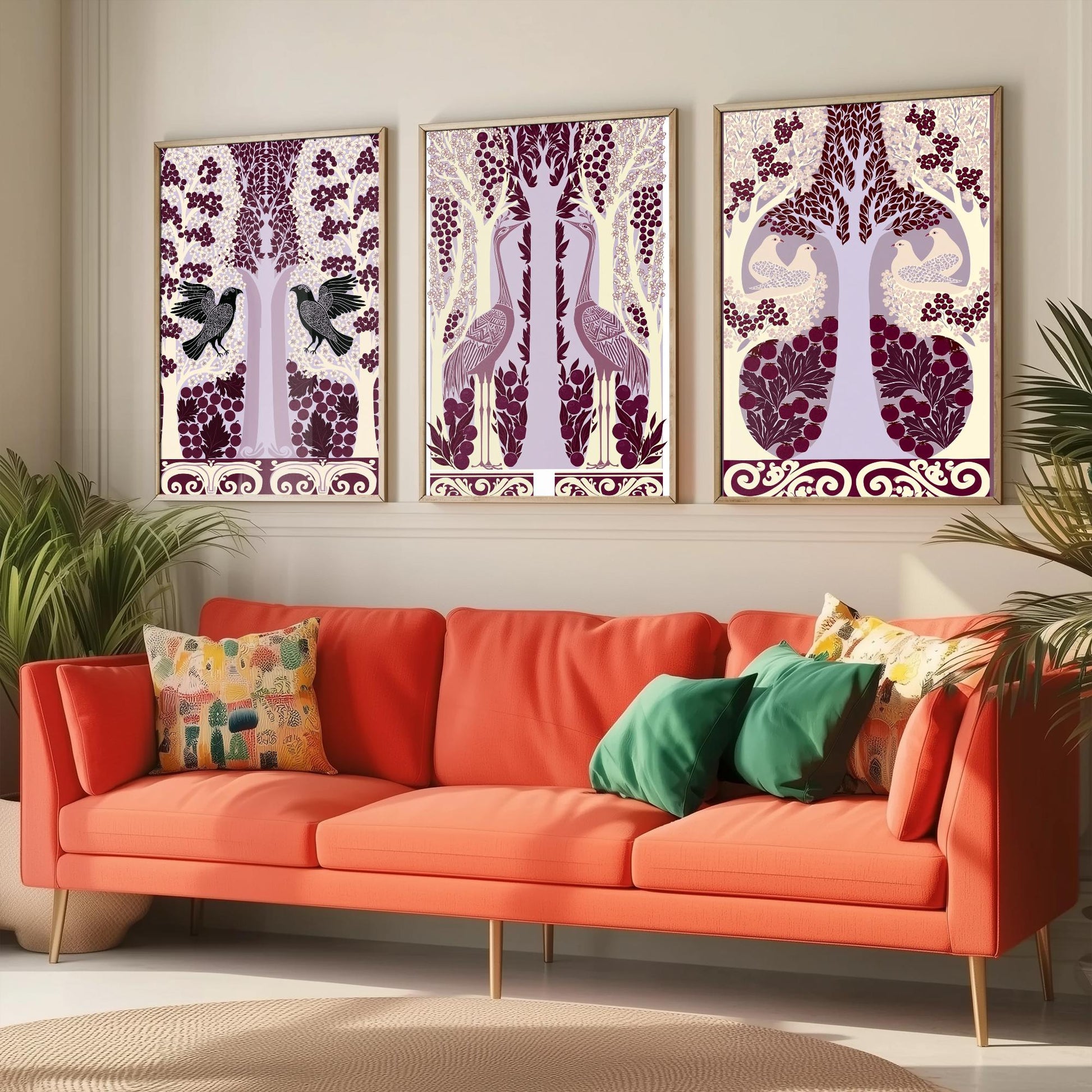 Scottish Book of the Woodlands Art Prints - Set of Three Plum & Lilac Forest Posters - Raven and Crane Paintings V7