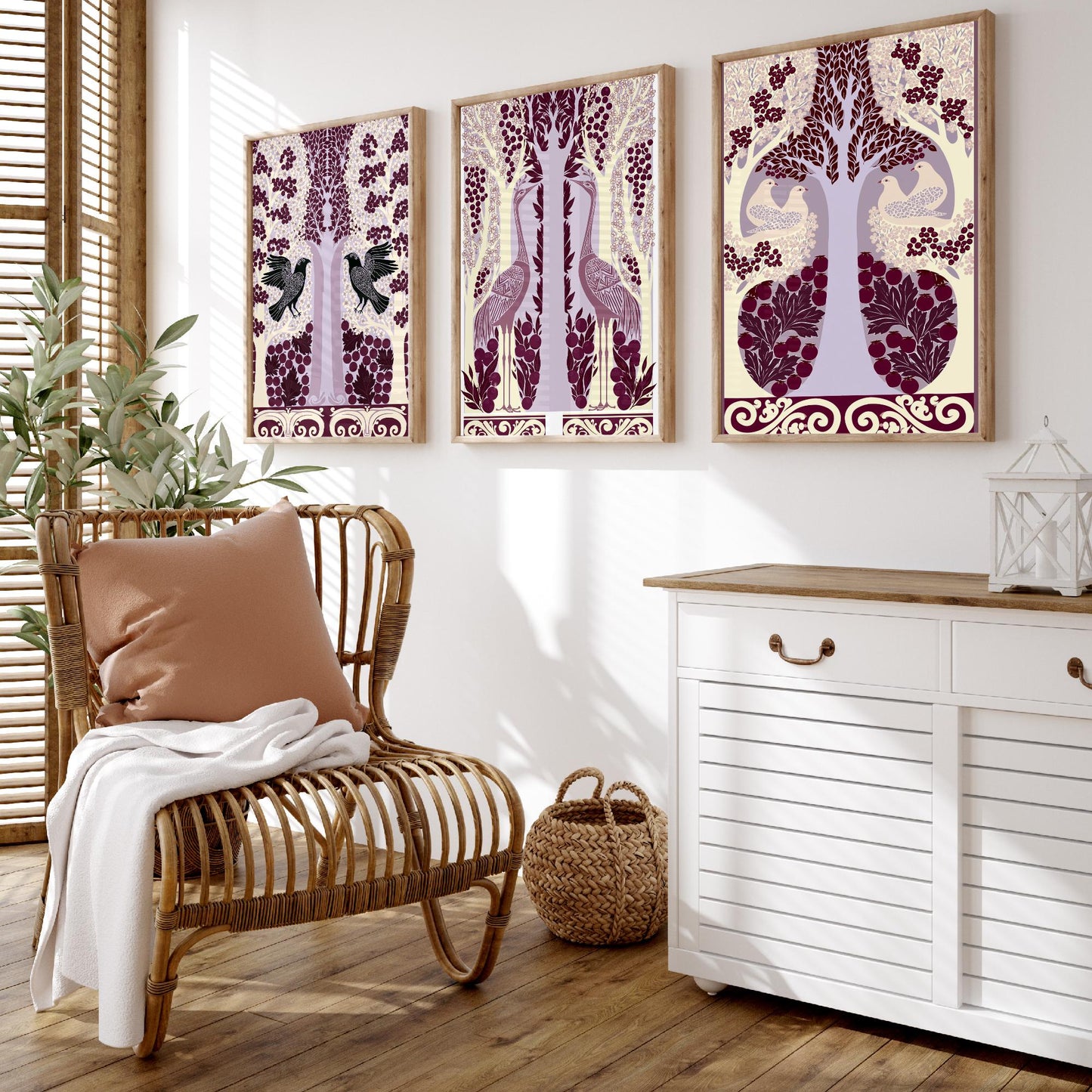Scottish Book of the Woodlands Art Prints - Set of Three Plum & Lilac Forest Posters - Raven and Crane Paintings V7