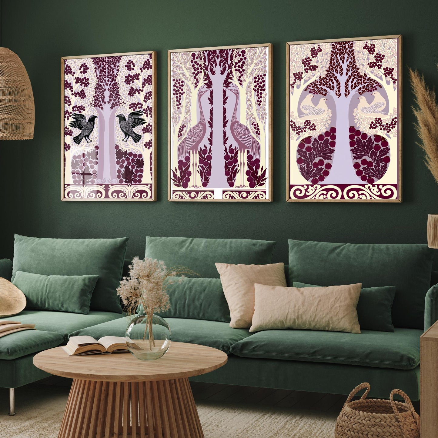 Scottish Book of the Woodlands Art Prints - Set of Three Plum & Lilac Forest Posters - Raven and Crane Paintings V7