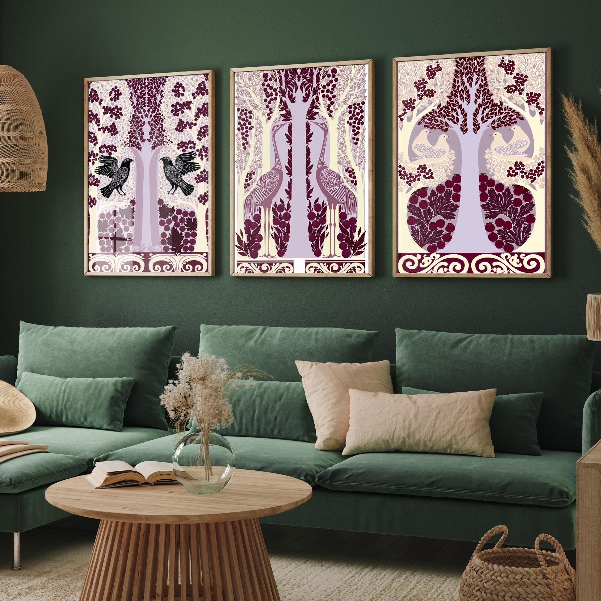 Scottish Book of the Woodlands Art Prints - Set of Three Plum & Lilac Forest Posters - Raven and Crane Paintings V7