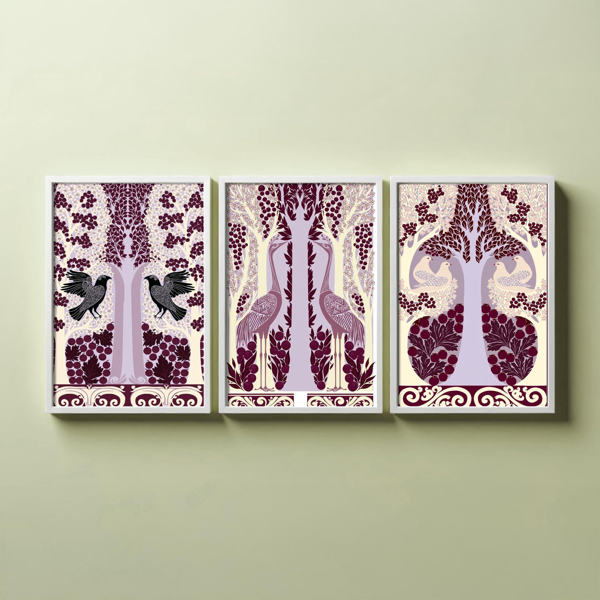Scottish Book of the Woodlands Art Prints - Set of Three Plum & Lilac Forest Posters - Raven and Crane Paintings V7
