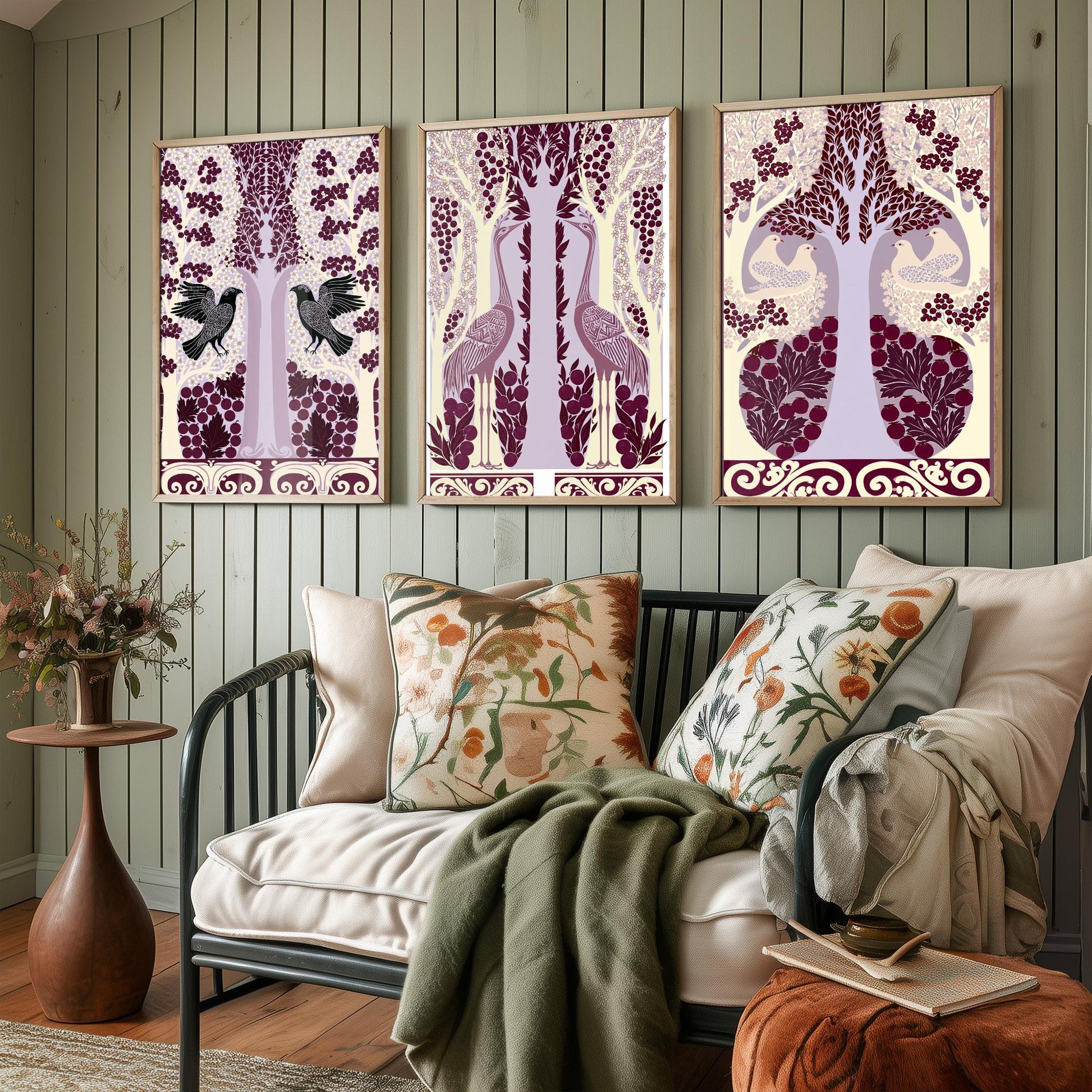 Scottish Book of the Woodlands Art Prints - Set of Three Plum & Lilac Forest Posters - Raven and Crane Paintings V7