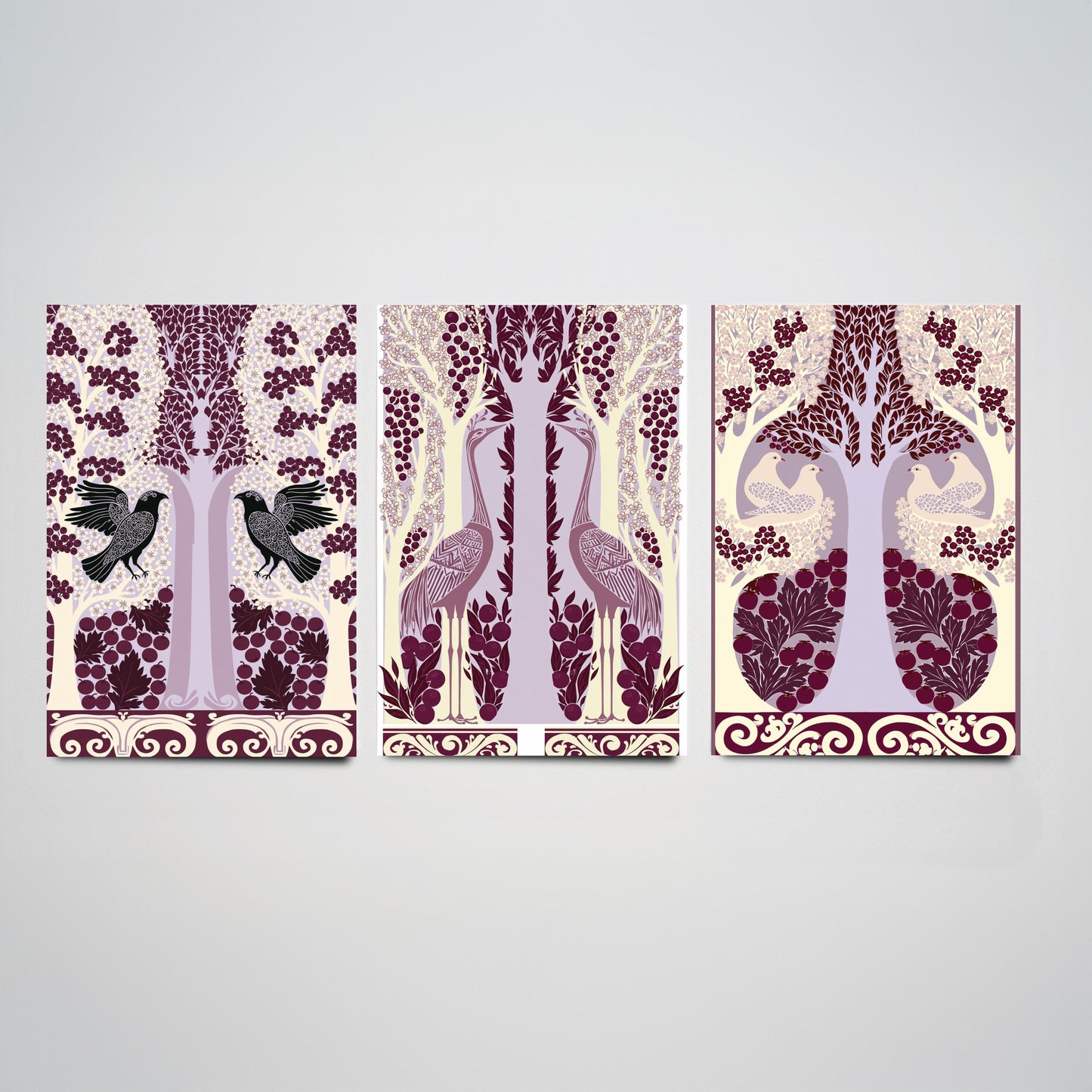 Scottish Book of the Woodlands Art Prints - Set of Three Plum & Lilac Forest Posters - Raven and Crane Paintings V7