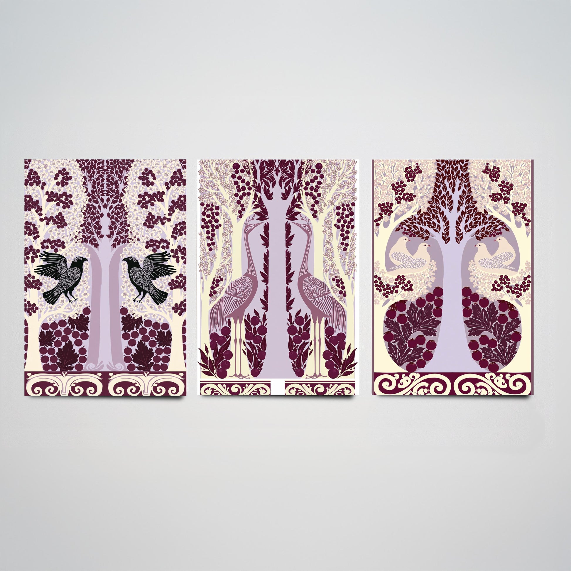 Scottish Book of the Woodlands Art Prints - Set of Three Plum & Lilac Forest Posters - Raven and Crane Paintings V7
