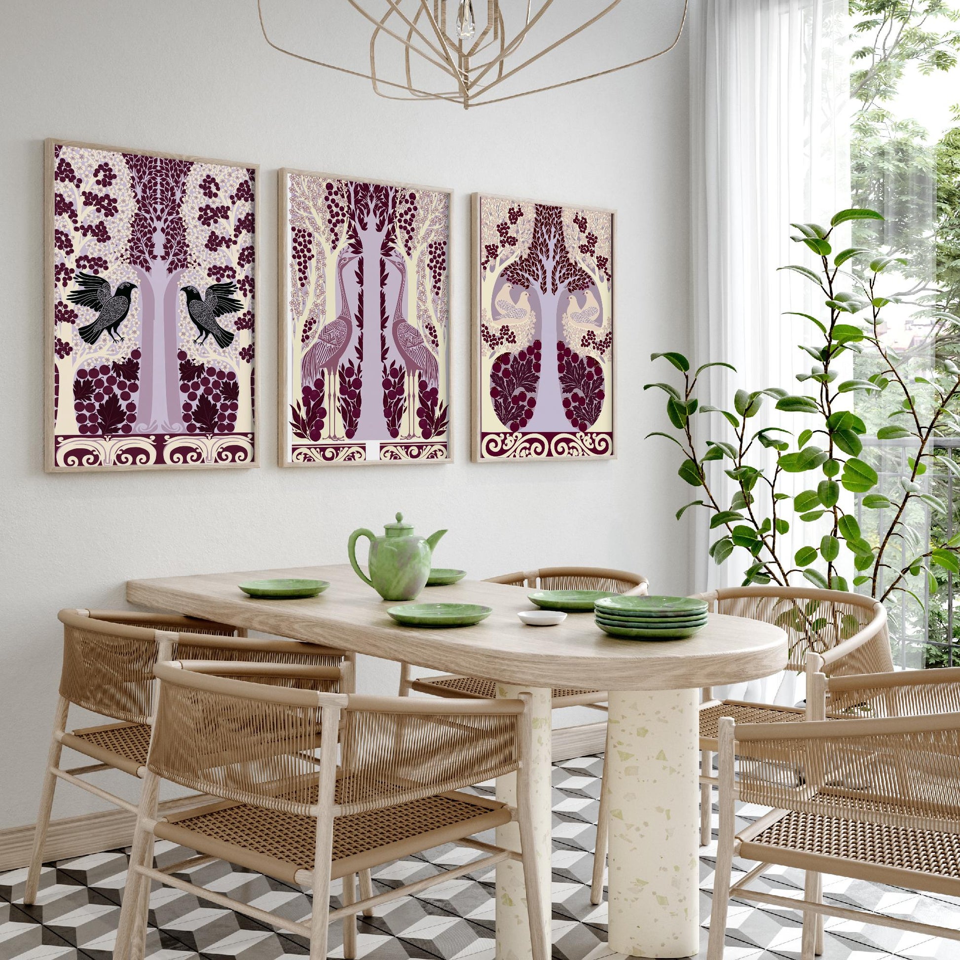 Scottish Book of the Woodlands Art Prints - Set of Three Plum & Lilac Forest Posters - Raven and Crane Paintings V7