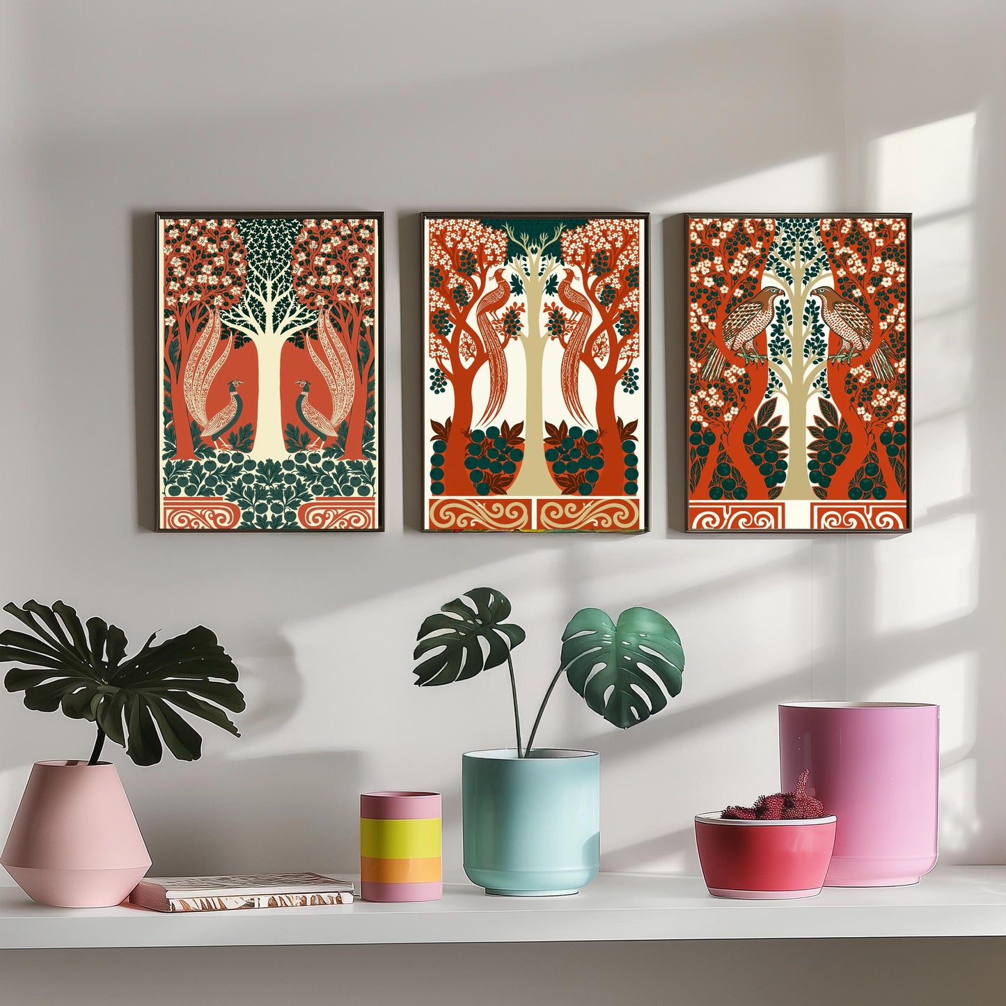 Scottish Book of the Woodlands Art Prints - Set of Three Terracotta & Teal Forest Posters - Pheasant and Hawk Paintings V8