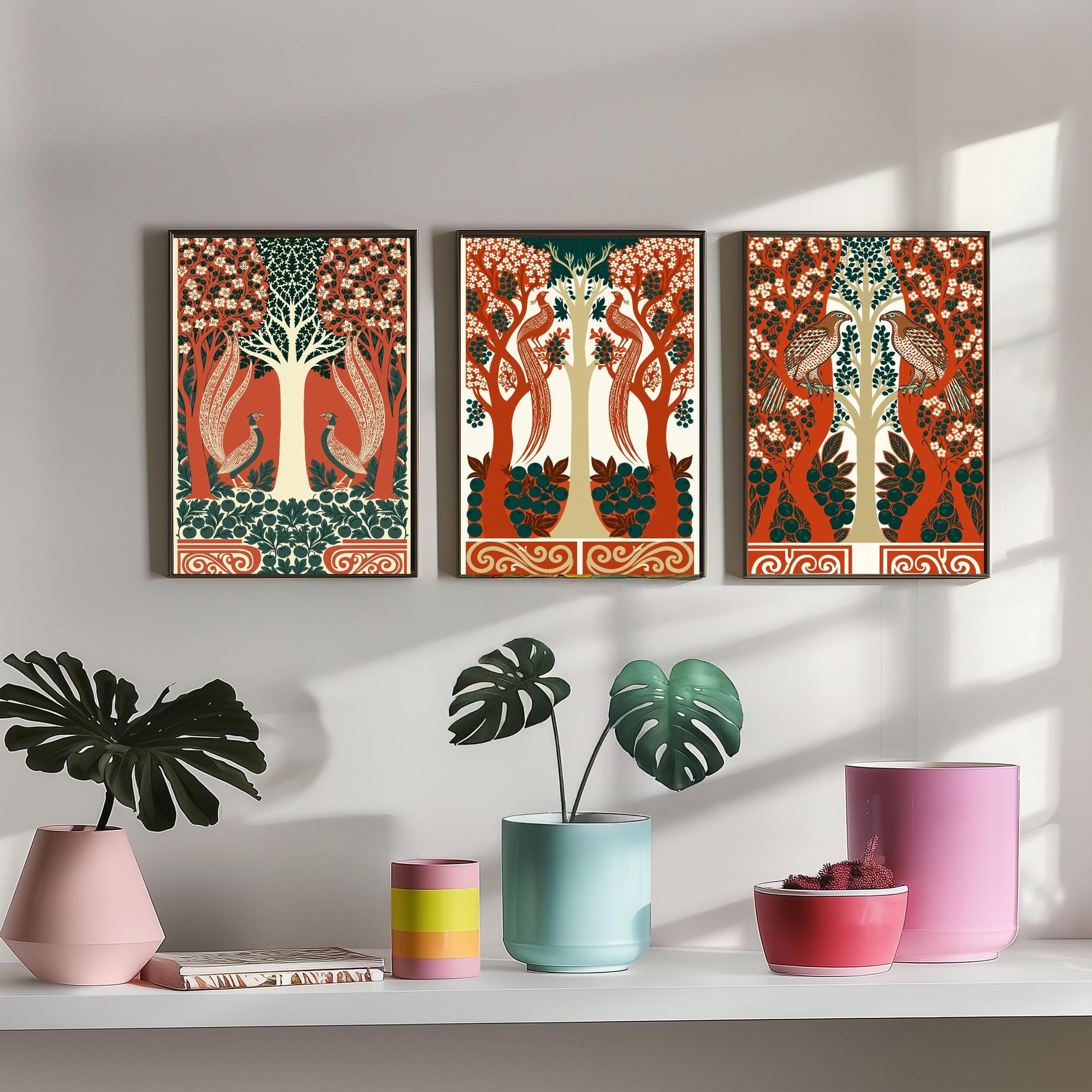 Scottish Book of the Woodlands Art Prints - Set of Three Terracotta & Teal Forest Posters - Pheasant and Hawk Paintings V8