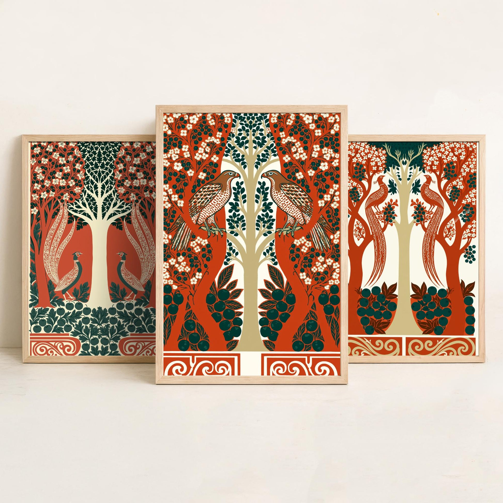 Scottish Book of the Woodlands Art Prints - Set of Three Terracotta & Teal Forest Posters - Pheasant and Hawk Paintings V8