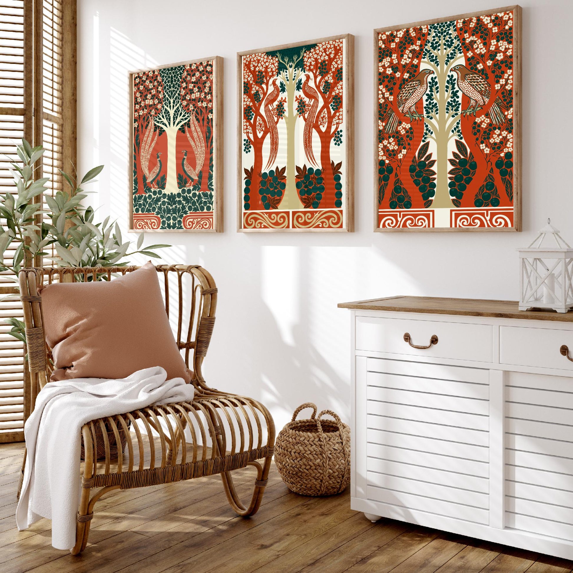 Scottish Book of the Woodlands Art Prints - Set of Three Terracotta & Teal Forest Posters - Pheasant and Hawk Paintings V8