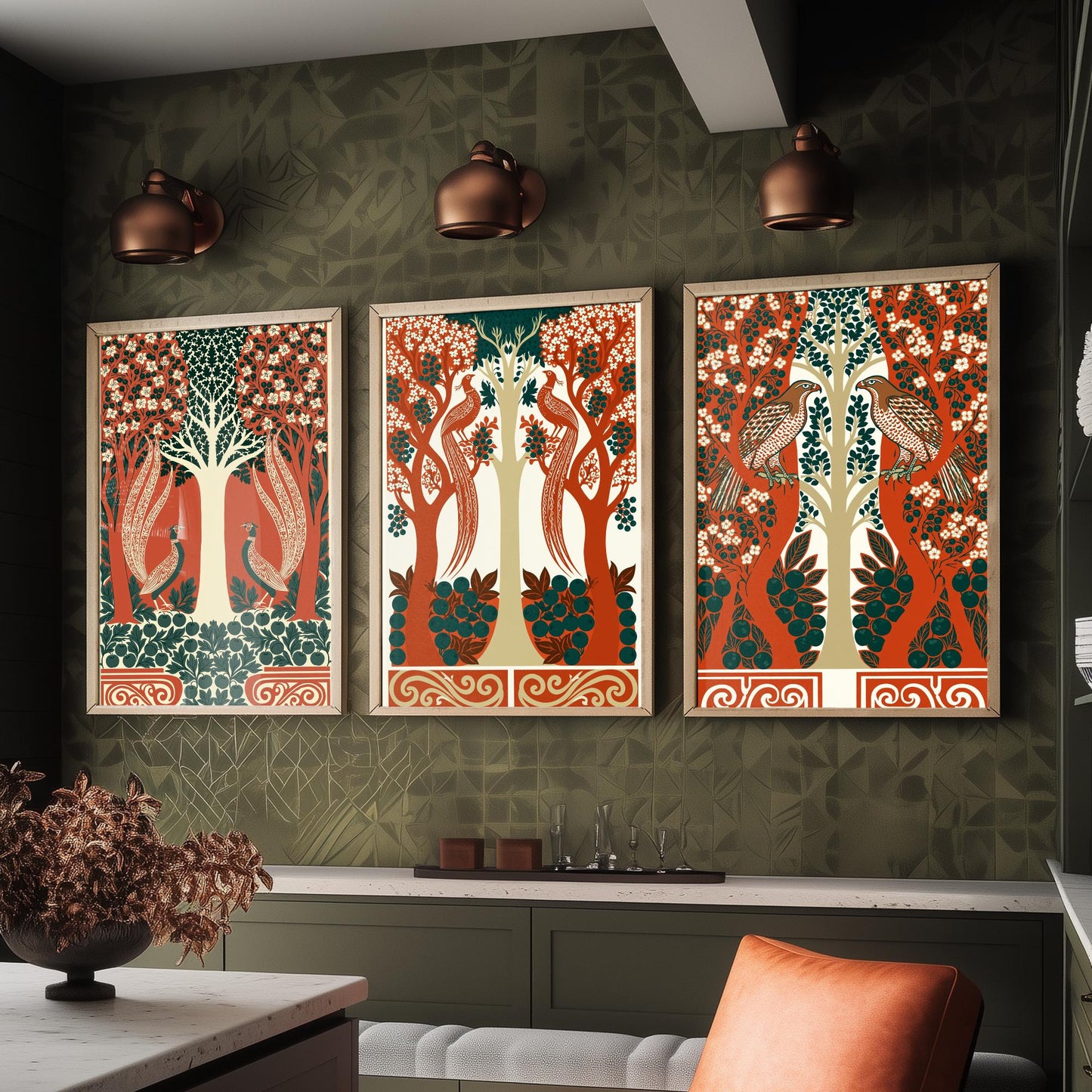 Scottish Book of the Woodlands Art Prints - Set of Three Terracotta & Teal Forest Posters - Pheasant and Hawk Paintings V8