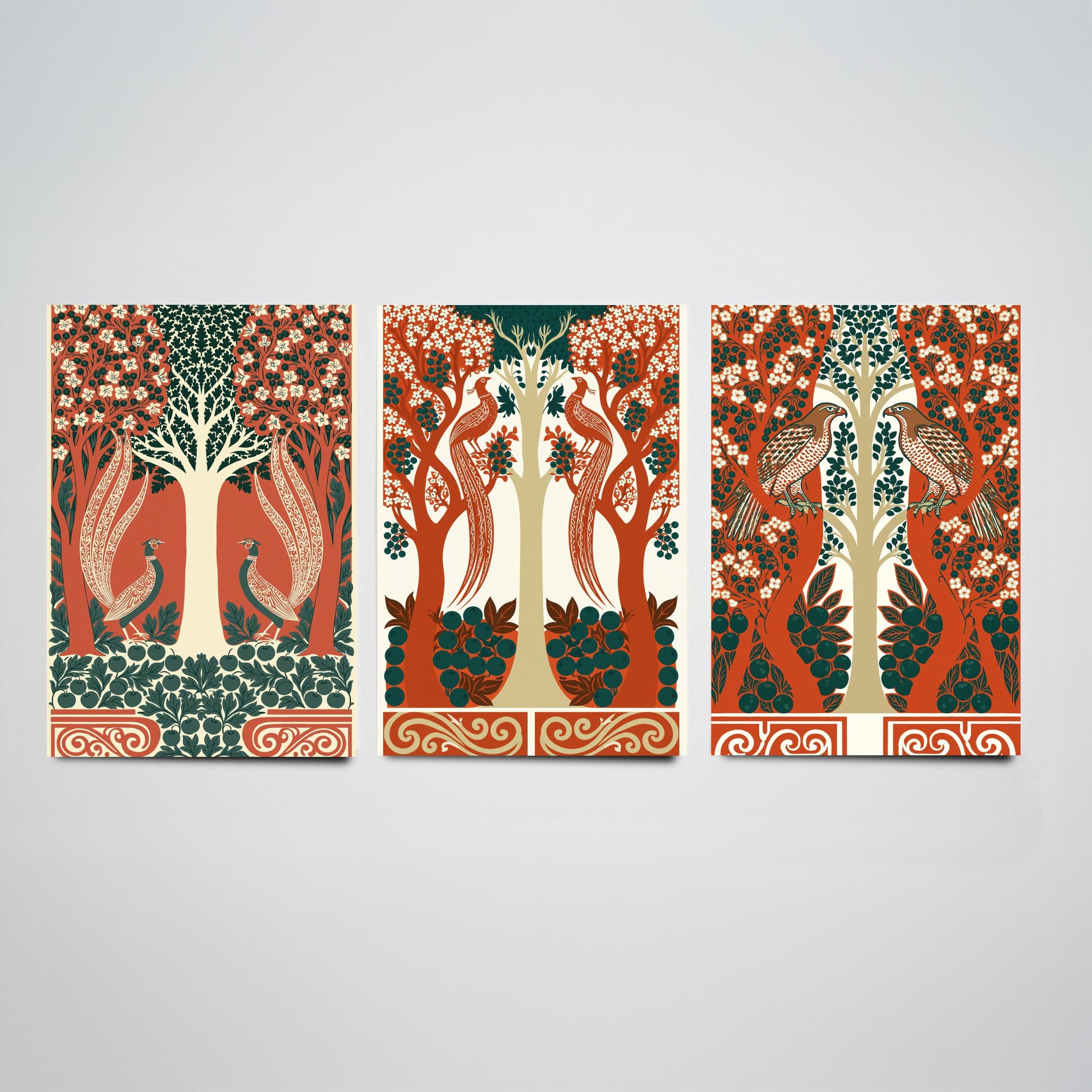 Scottish Book of the Woodlands Art Prints - Set of Three Terracotta & Teal Forest Posters - Pheasant and Hawk Paintings V8