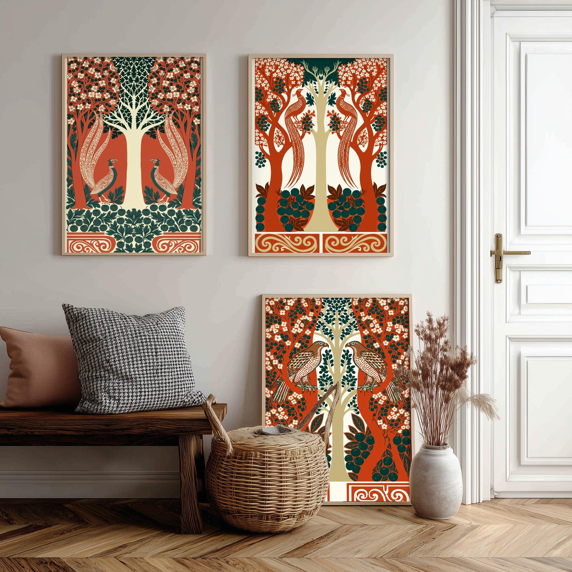 Scottish Book of the Woodlands Art Prints - Set of Three Terracotta & Teal Forest Posters - Pheasant and Hawk Paintings V8