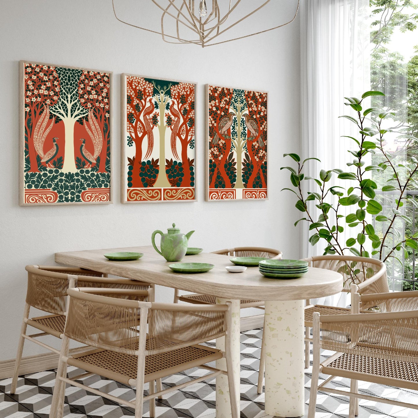 Scottish Book of the Woodlands Art Prints - Set of Three Terracotta & Teal Forest Posters - Pheasant and Hawk Paintings V8