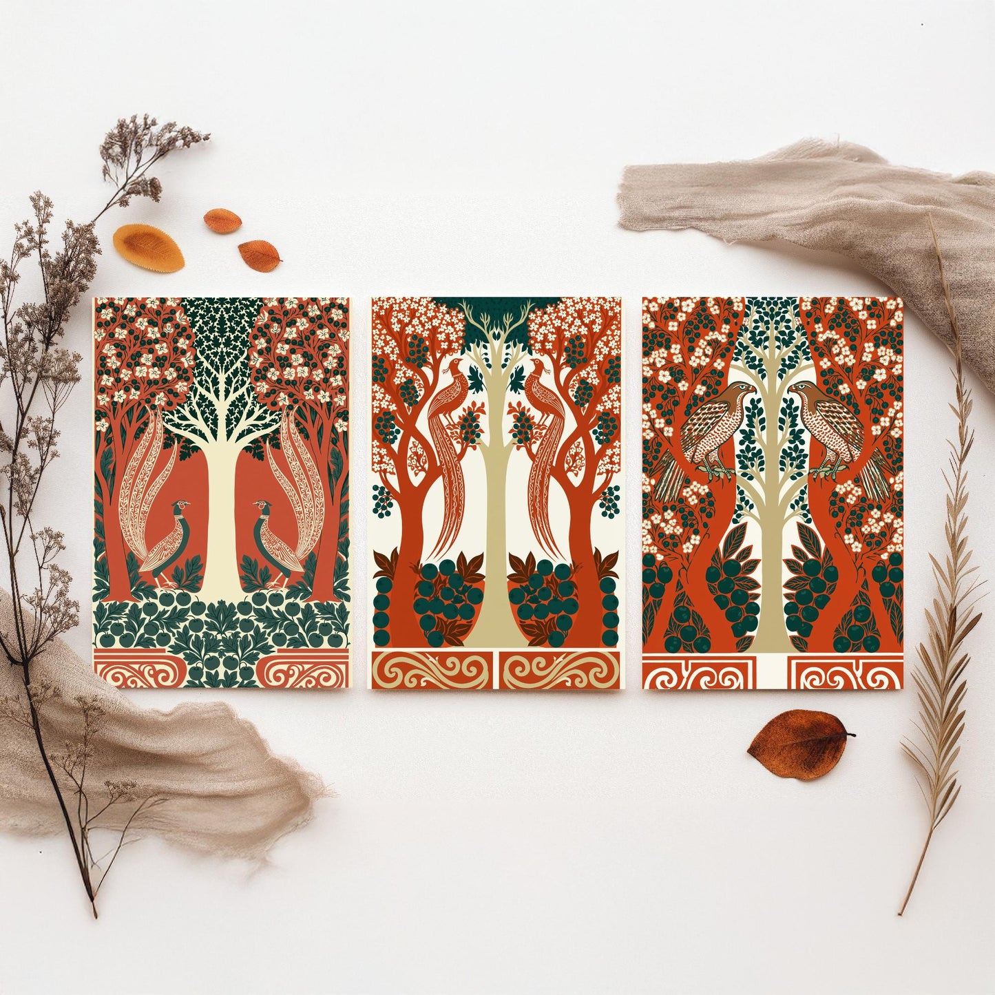 Scottish Book of the Woodlands Art Prints - Set of Three Terracotta & Teal Forest Posters - Pheasant and Hawk Paintings V8