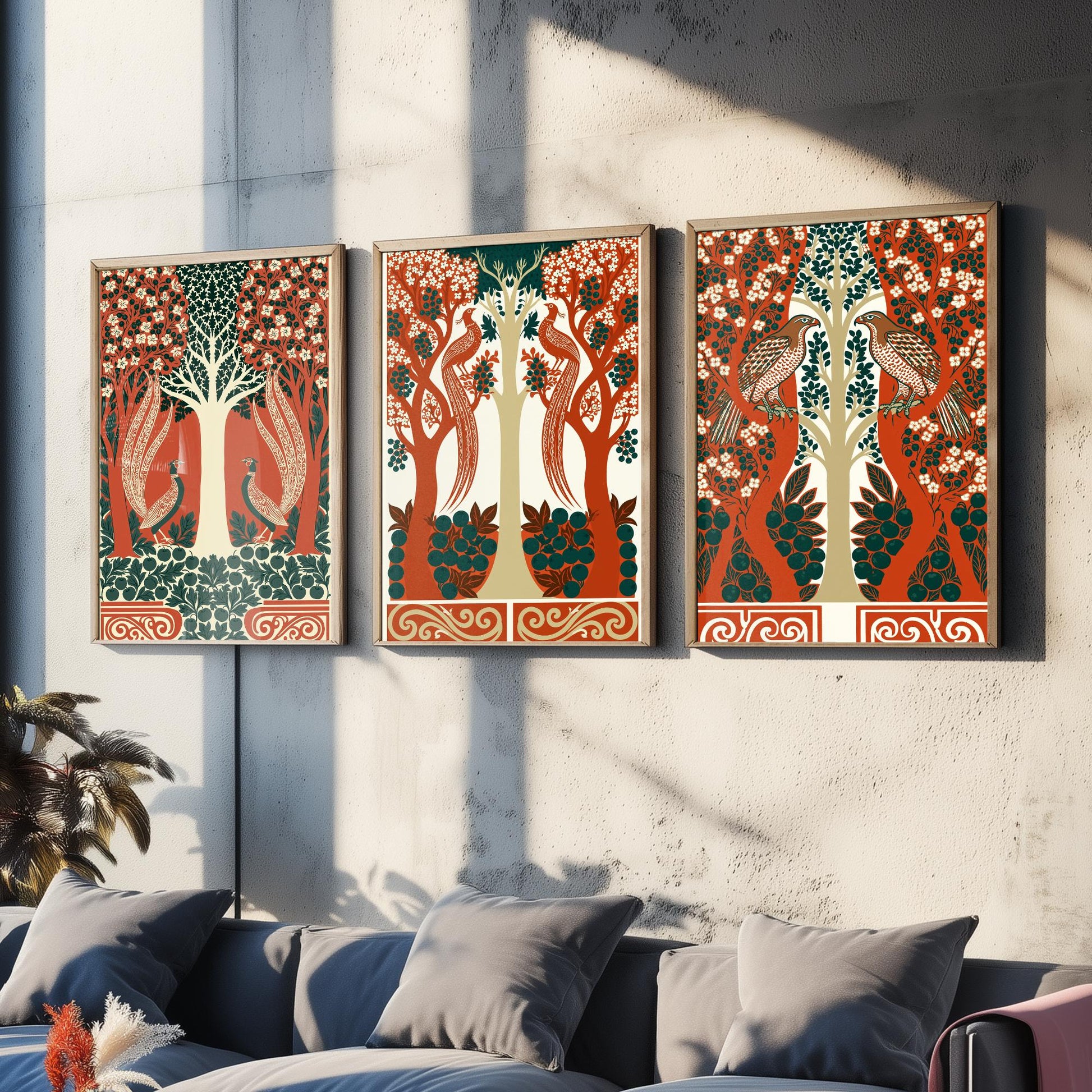 Scottish Book of the Woodlands Art Prints - Set of Three Terracotta & Teal Forest Posters - Pheasant and Hawk Paintings V8