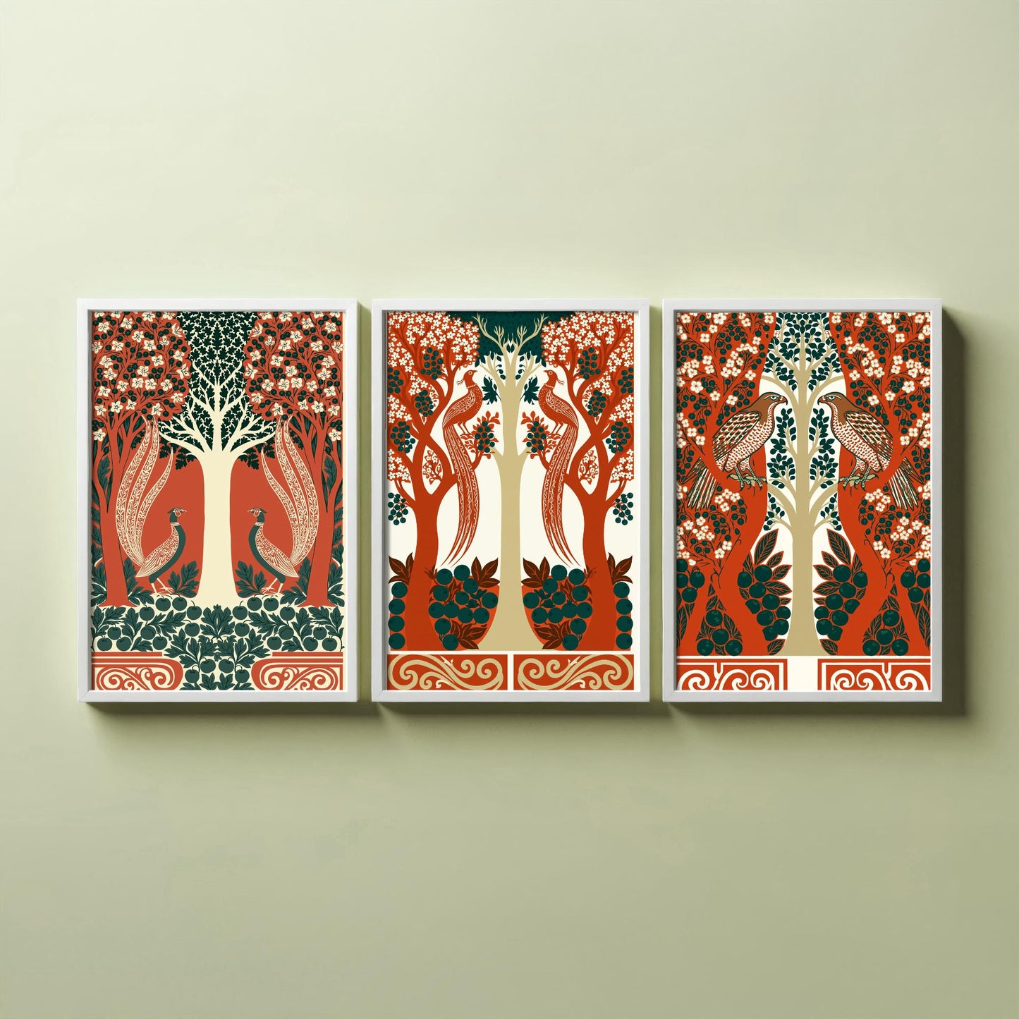 Scottish Book of the Woodlands Art Prints - Set of Three Terracotta & Teal Forest Posters - Pheasant and Hawk Paintings V8