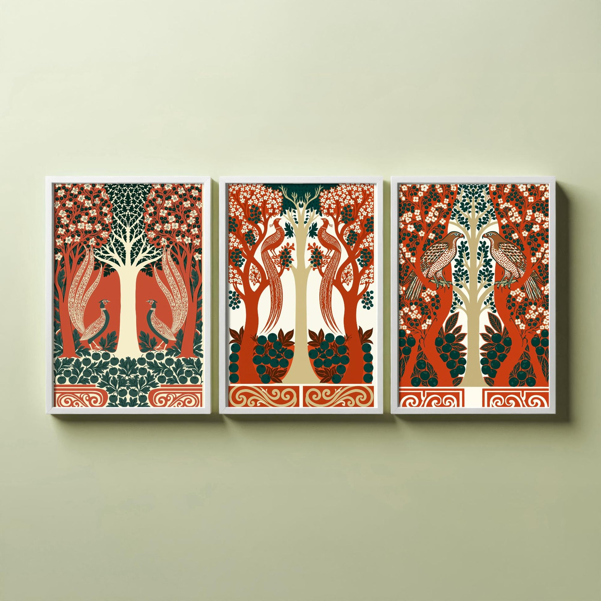 Scottish Book of the Woodlands Art Prints - Set of Three Terracotta & Teal Forest Posters - Pheasant and Hawk Paintings V8