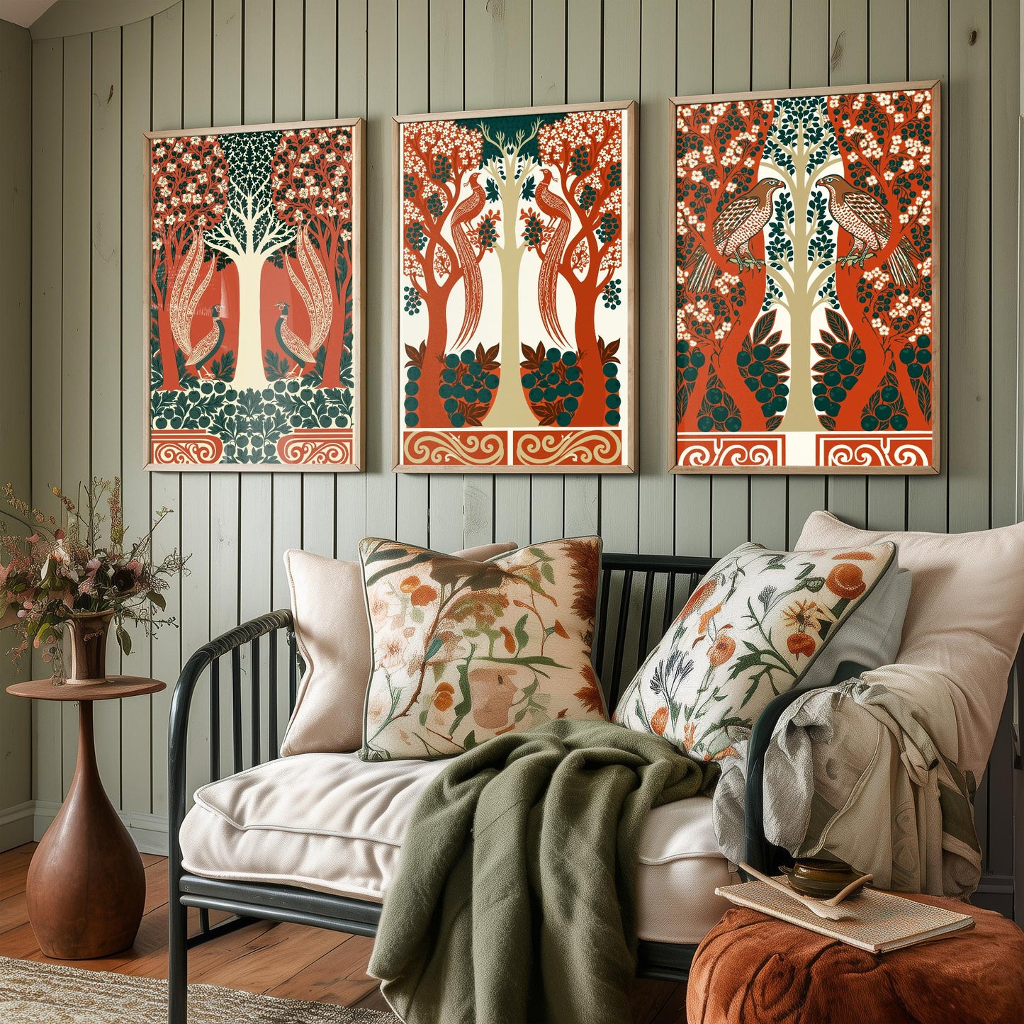 Scottish Book of the Woodlands Art Prints - Set of Three Terracotta & Teal Forest Posters - Pheasant and Hawk Paintings V8