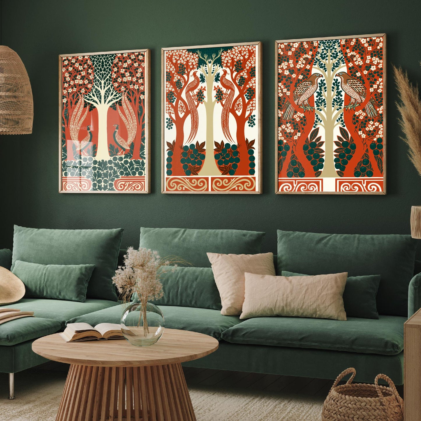 Scottish Book of the Woodlands Art Prints - Set of Three Terracotta & Teal Forest Posters - Pheasant and Hawk Paintings V8