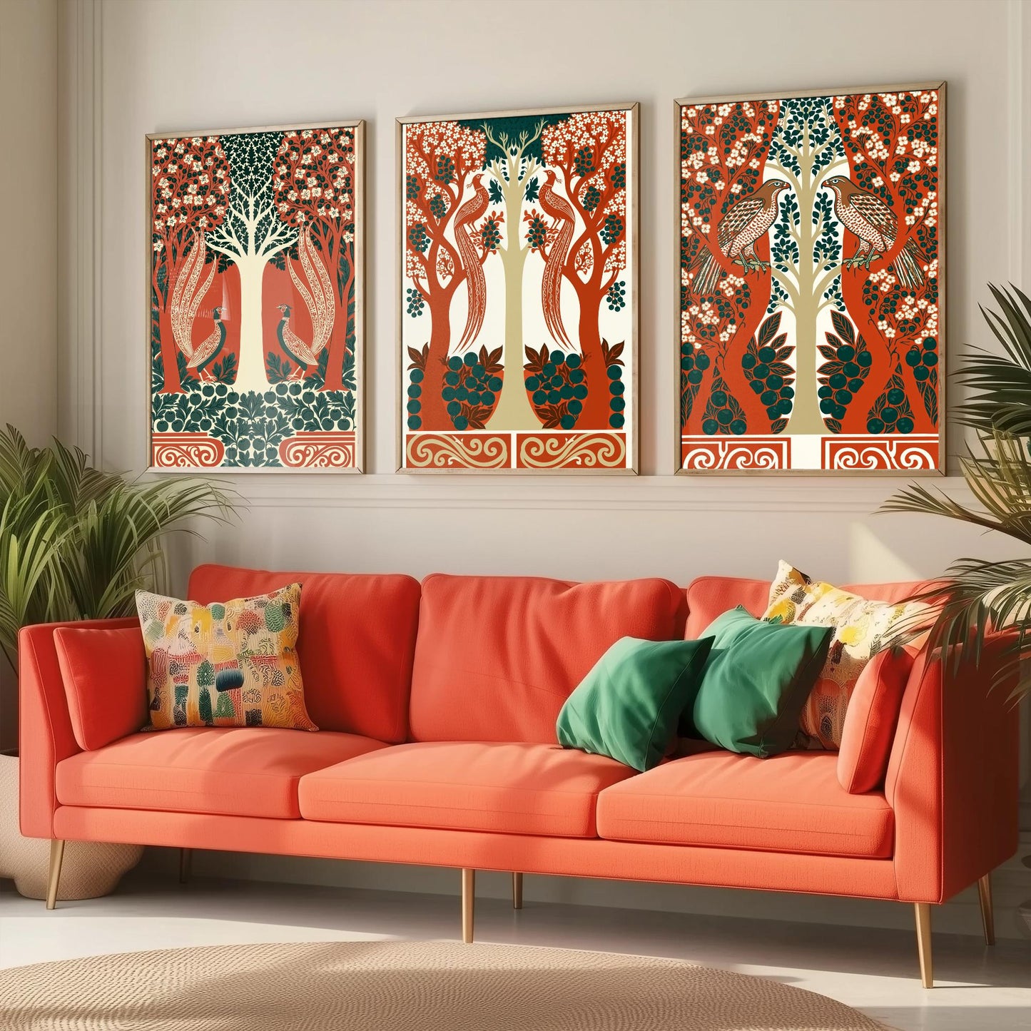 Scottish Book of the Woodlands Art Prints - Set of Three Terracotta & Teal Forest Posters - Pheasant and Hawk Paintings V8