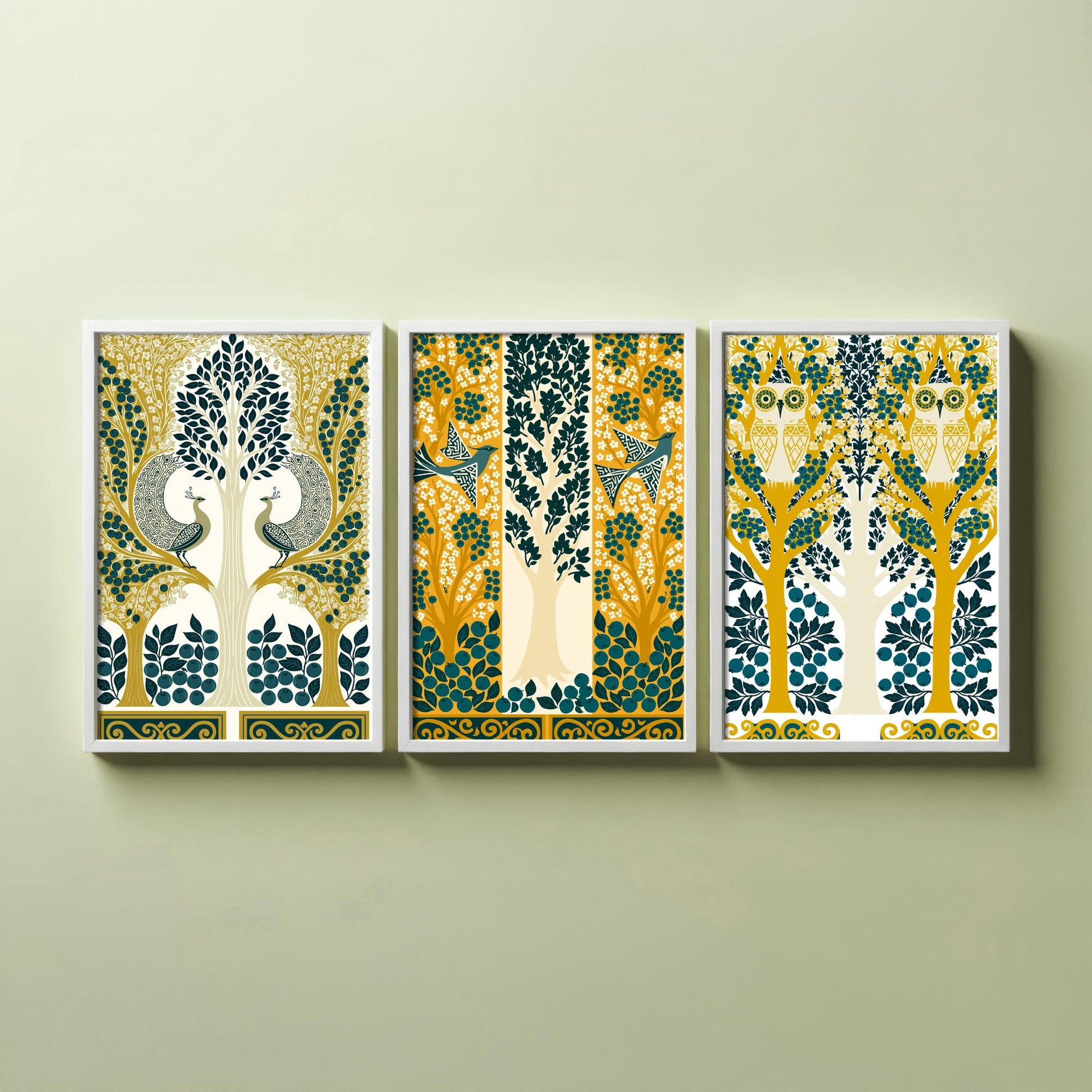 Scottish Book of the Woodlands Art Prints - Set of Three Teal & Gold Forest Posters - Peacock and Owl Paintings V9