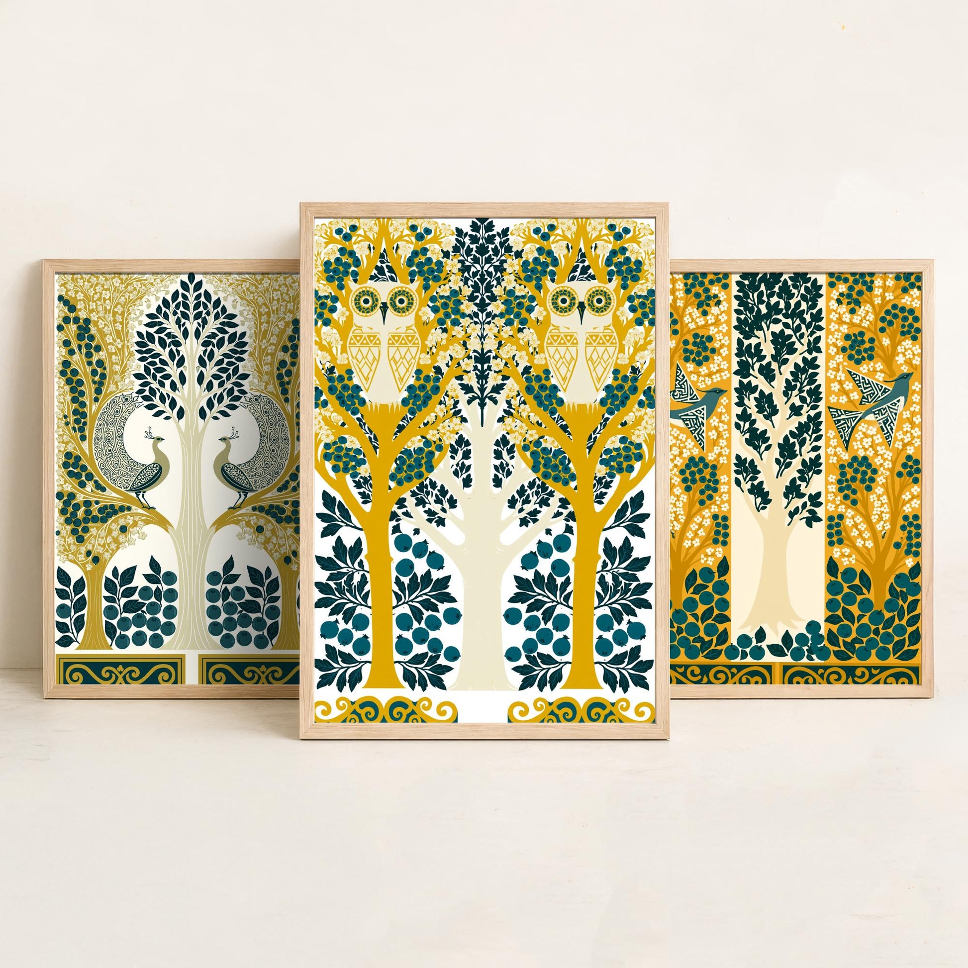 Scottish Book of the Woodlands Art Prints - Set of Three Teal & Gold Forest Posters - Peacock and Owl Paintings V9