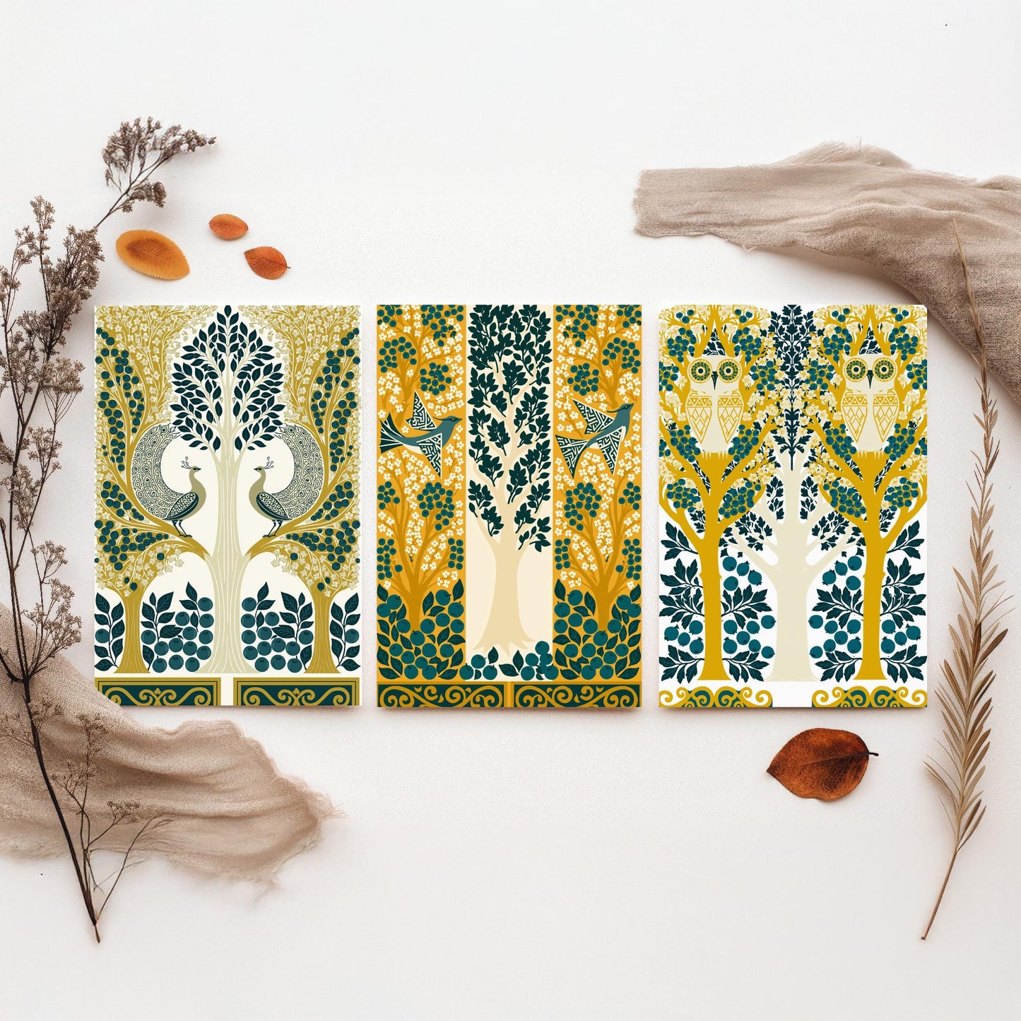 Scottish Book of the Woodlands Art Prints - Set of Three Teal & Gold Forest Posters - Peacock and Owl Paintings V9