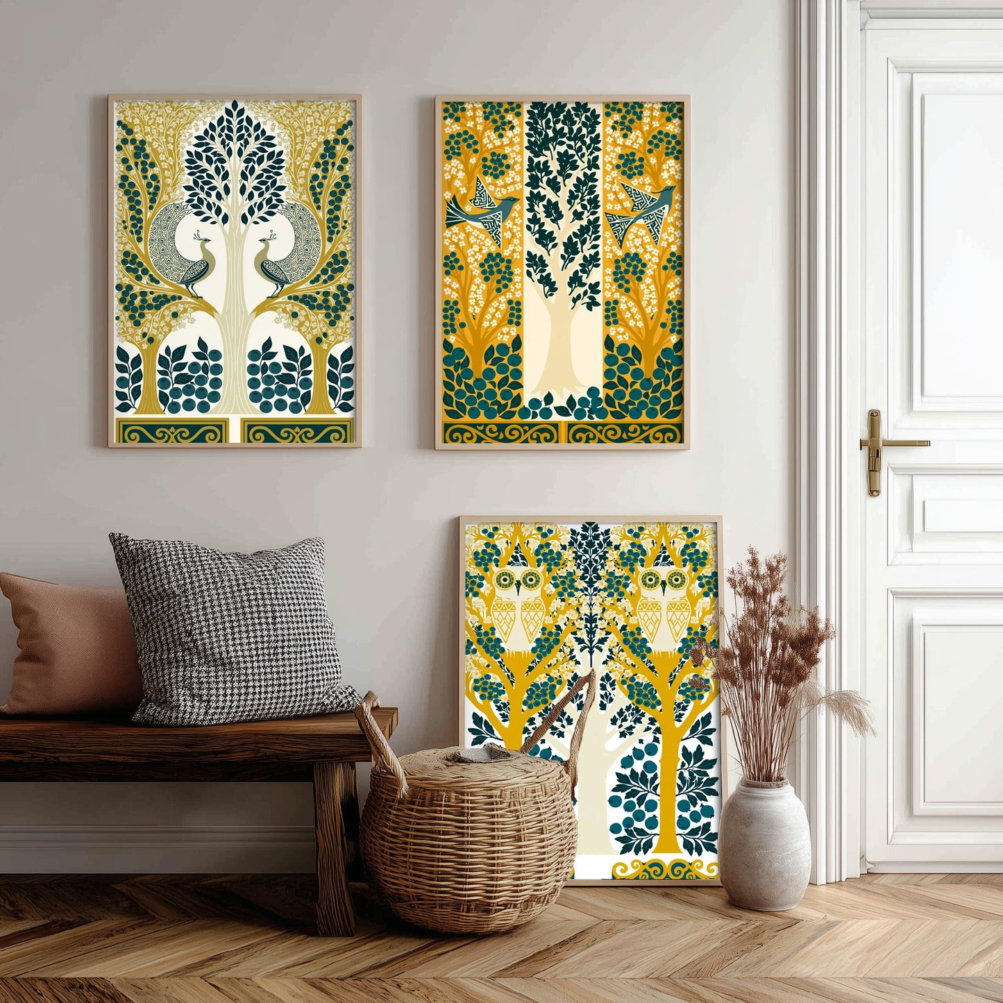 Scottish Book of the Woodlands Art Prints - Set of Three Teal & Gold Forest Posters - Peacock and Owl Paintings V9