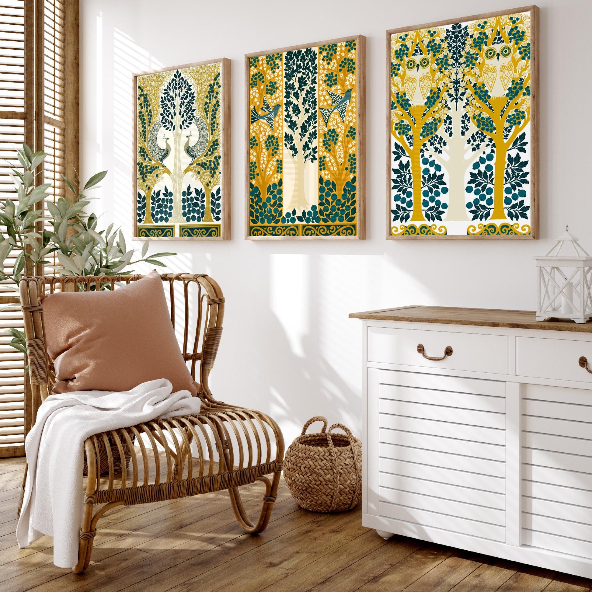 Scottish Book of the Woodlands Art Prints - Set of Three Teal & Gold Forest Posters - Peacock and Owl Paintings V9
