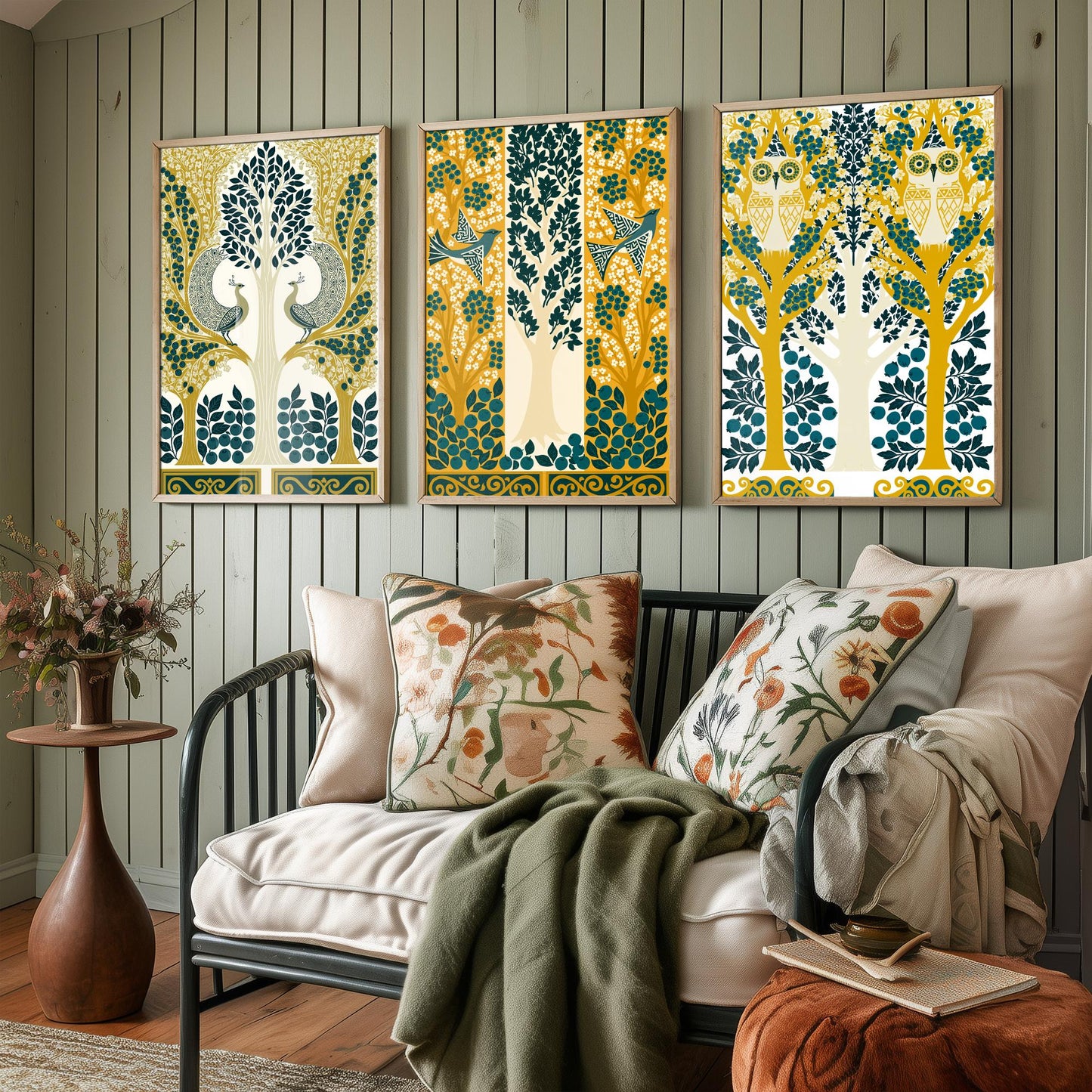 Scottish Book of the Woodlands Art Prints - Set of Three Teal & Gold Forest Posters - Peacock and Owl Paintings V9